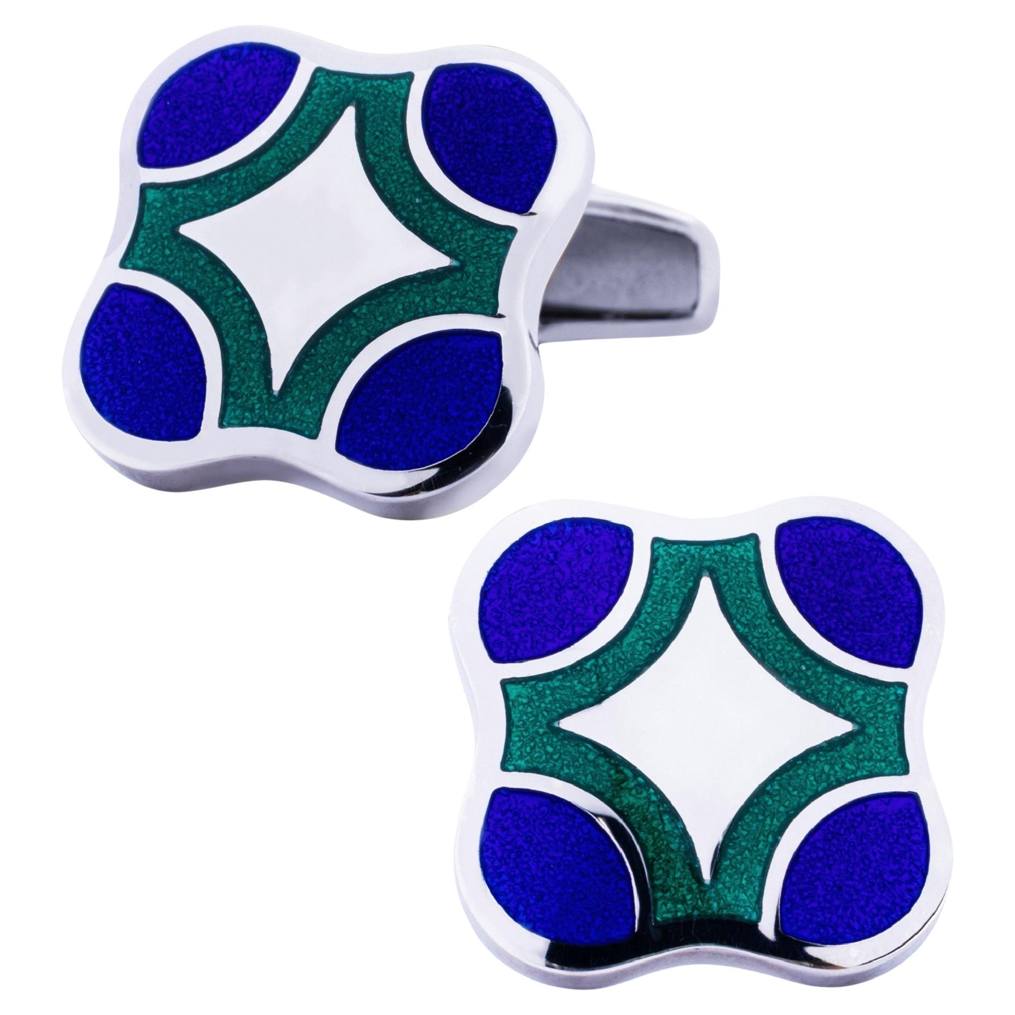 Gemelli da polso Alex Jona in argento sterling con smalto blu e verde