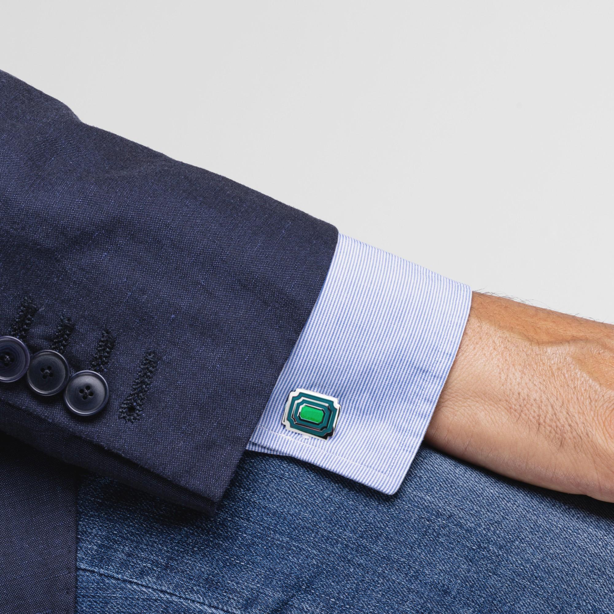 Collection design Alex Jona, travail artisanal en Italie, boutons de manchette rectangulaires en argent sterling rhodié avec émail bleu et vert. Ces boutons de manchette sont dotés d'une fermeture en T, ce qui permet de les utiliser facilement et de