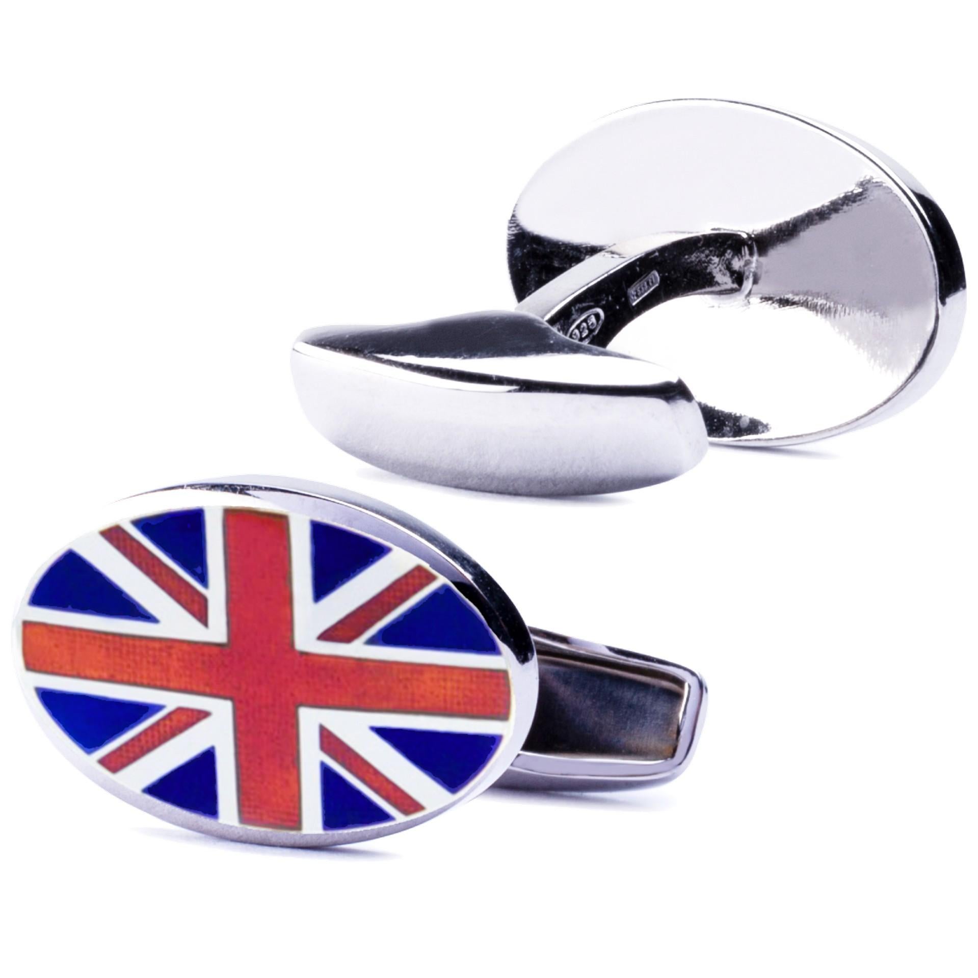 Alex Jona Sterling Silber Blau Rot Emaille Union Jack Manschettenknöpfe im Zustand „Neu“ im Angebot in Lugano, CH