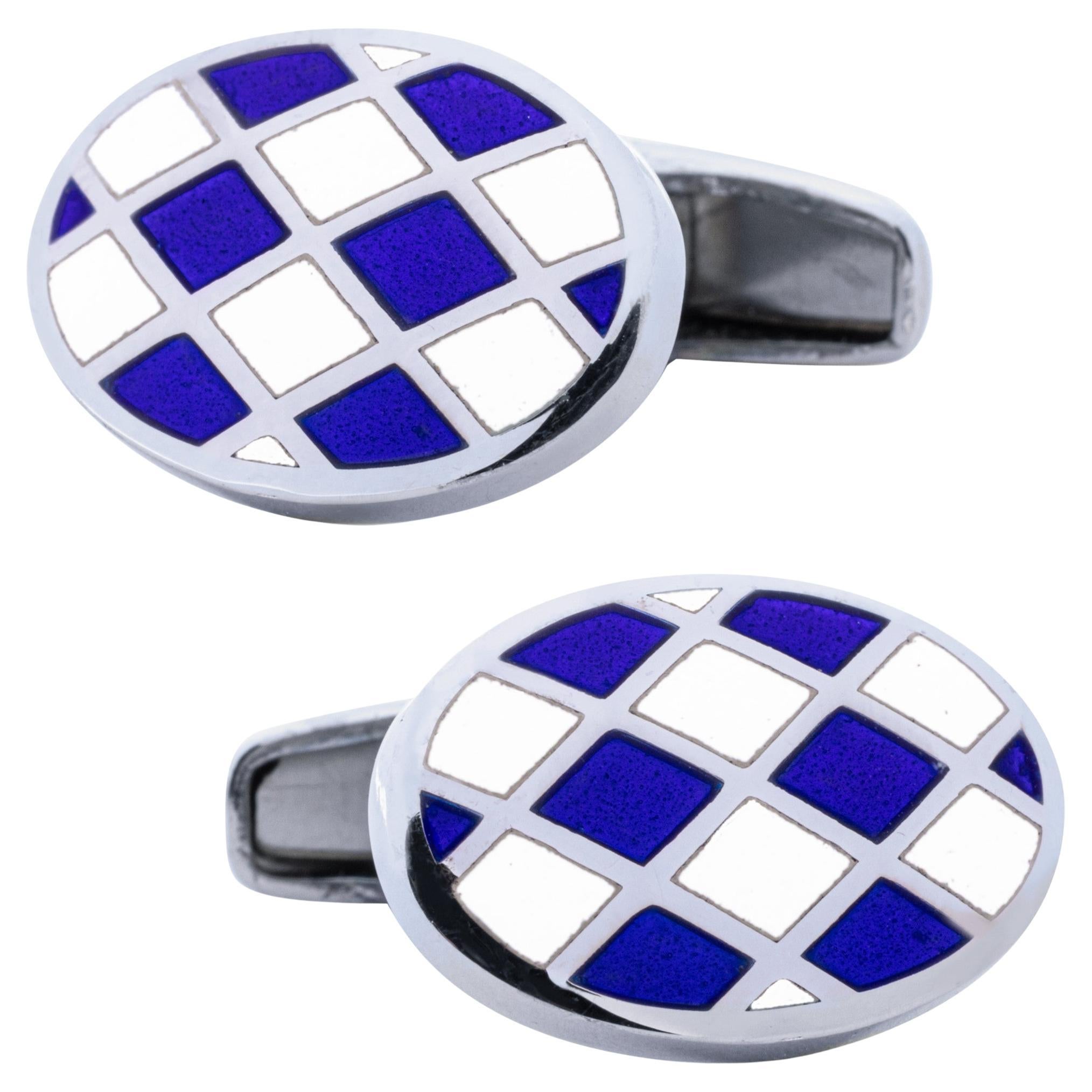 Gemelli da polso ovali in argento sterling Alex Jona con smalto bianco e blu