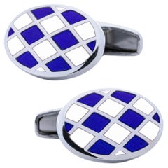 Boutons de manchette ovales en argent sterling et émail bleu et blanc d'Alex Jona