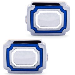 Gemelli rettangolari Alex Jona in argento sterling con smalto bianco e blu