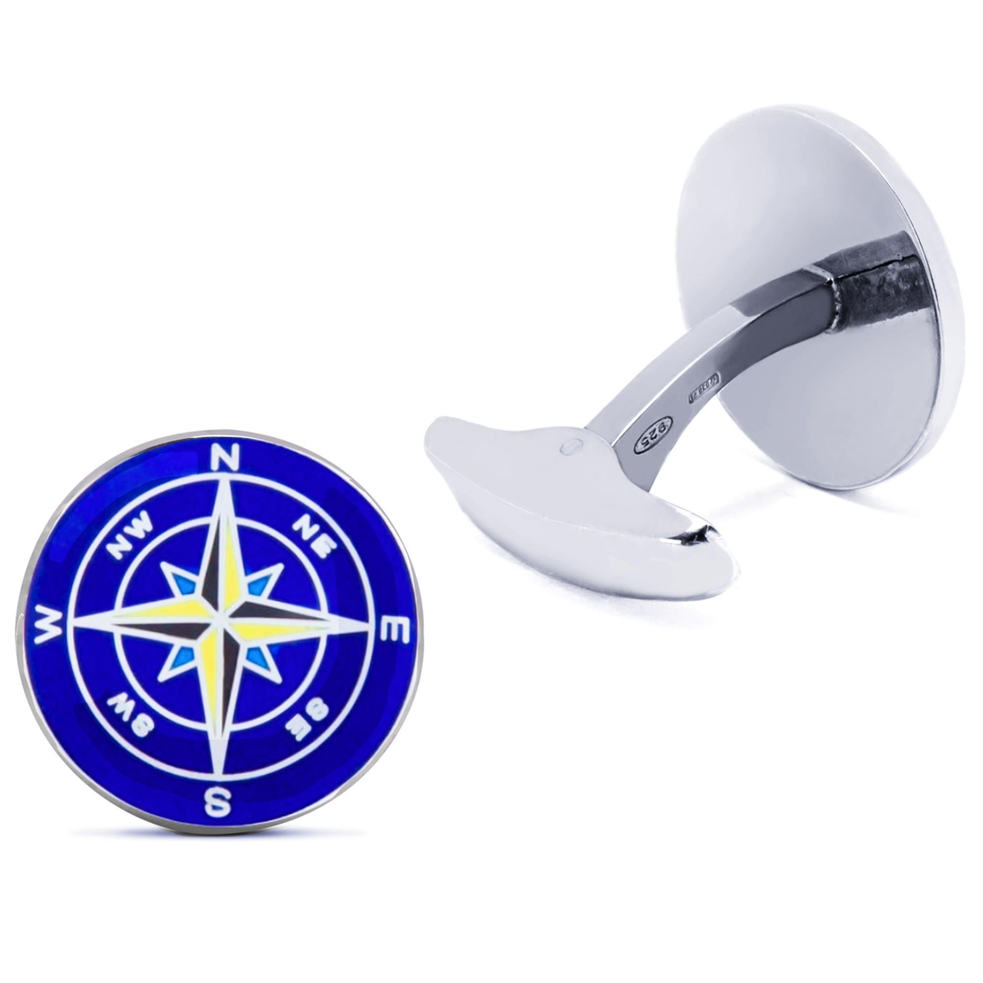 Alex Jona Sterling Silver Blue Yellow Enamel Wind Rose Cufflinks In New Condition For Sale In Torino, IT