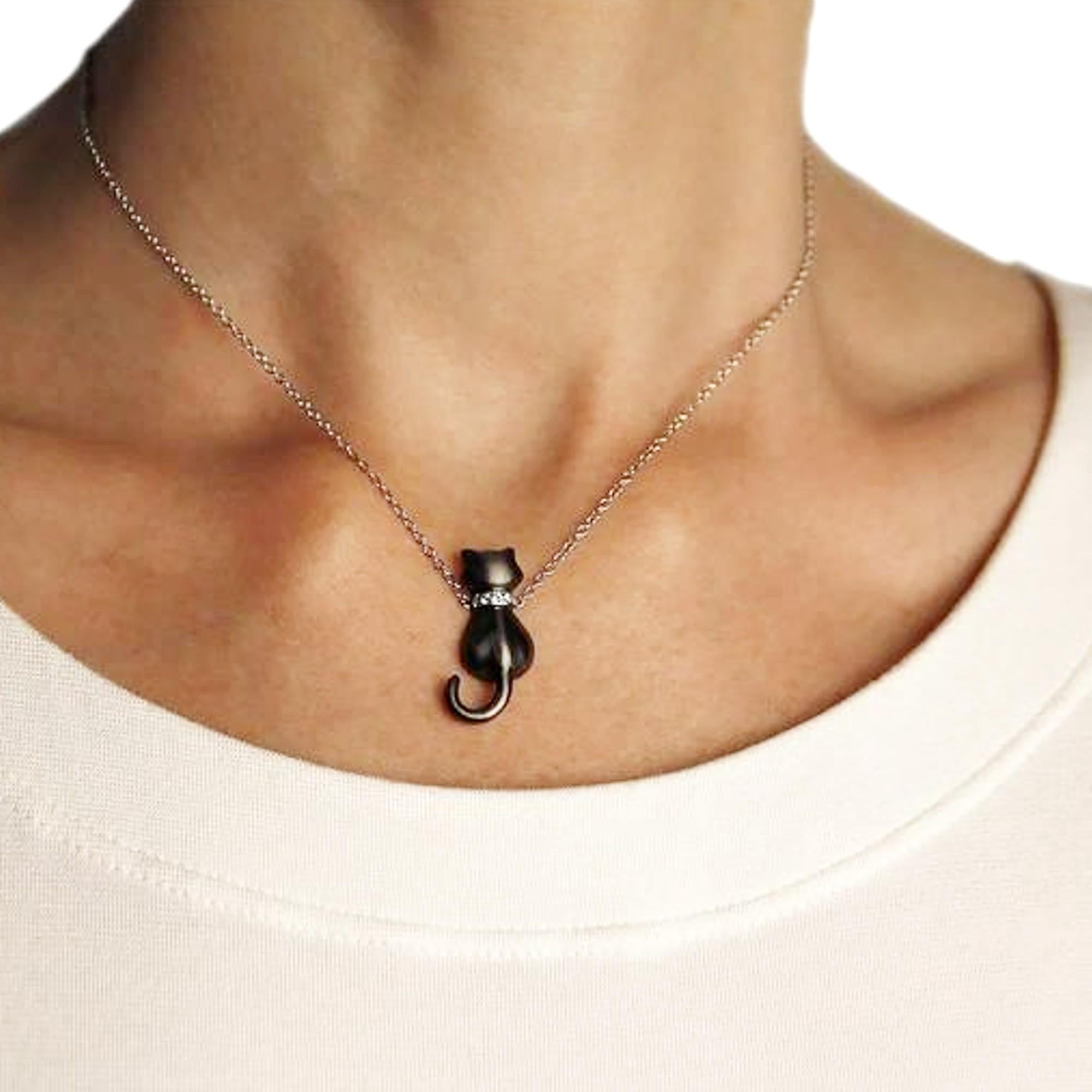 Alex Jona design collection, hand crafted in Italy, black rhodium plated sterling silver cat pendant and chain.
Also available in 18 karat white gold with white diamonds (see edited on 1st dibs).

Alex Jona jewels stand out, not only for their