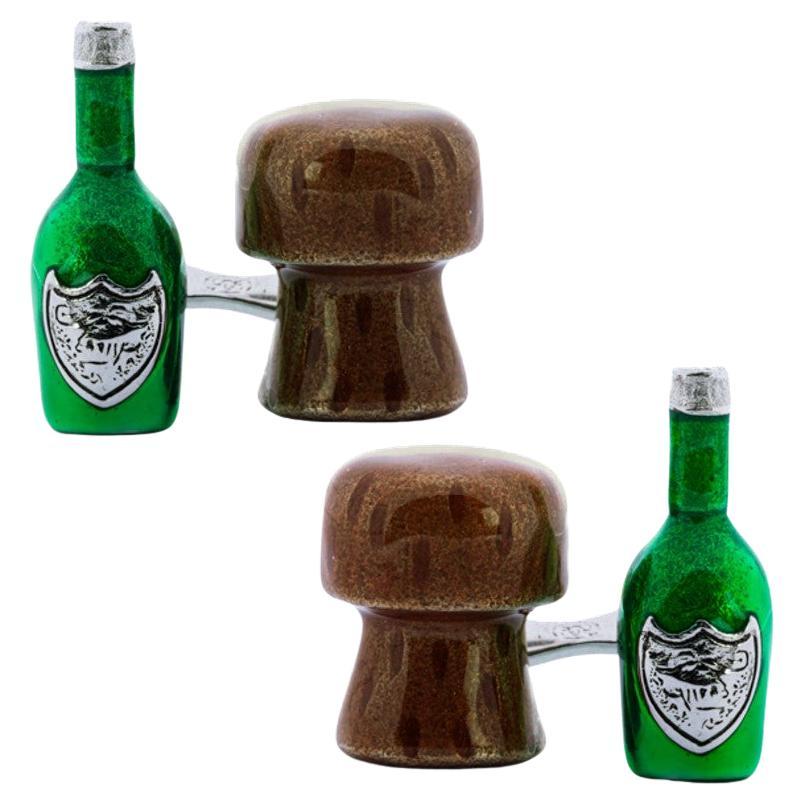 Alex Jona Sterling Silver Champagne Green Bottle & Cork Cufflinks