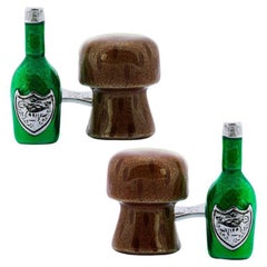 Alex Jona Sterling Silver Champagne Green Bottle & Cork Cufflinks