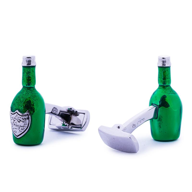 Alex Jona Sterling Silver Champagne Green Bottle Cufflinks In New Condition For Sale In Torino, IT