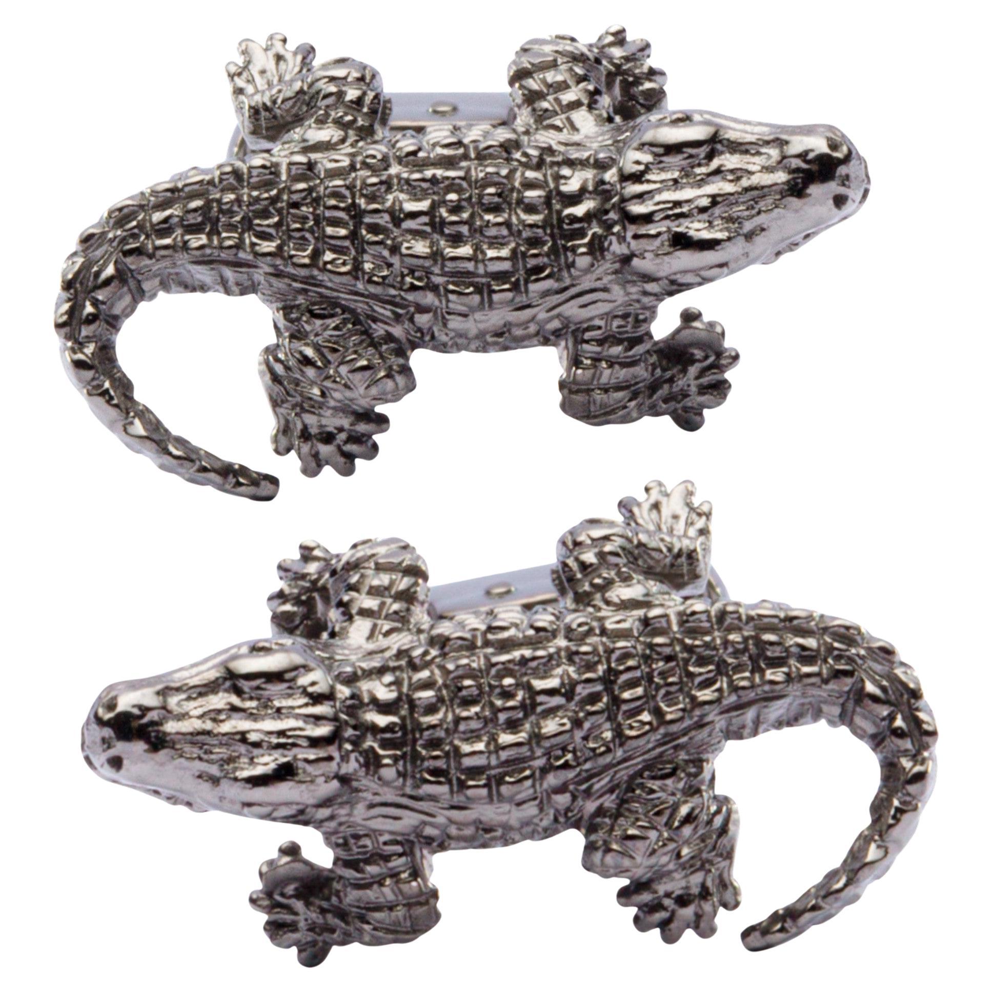 Alex Jona Sterling Silver Crocodile Black Rhodium Cufflinks For Sale
