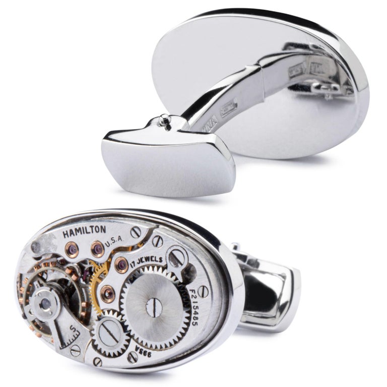 Alex Jona Sterling Silver Cufflinks with Vintage Hamilton Watch Movement In New Condition In Torino, IT