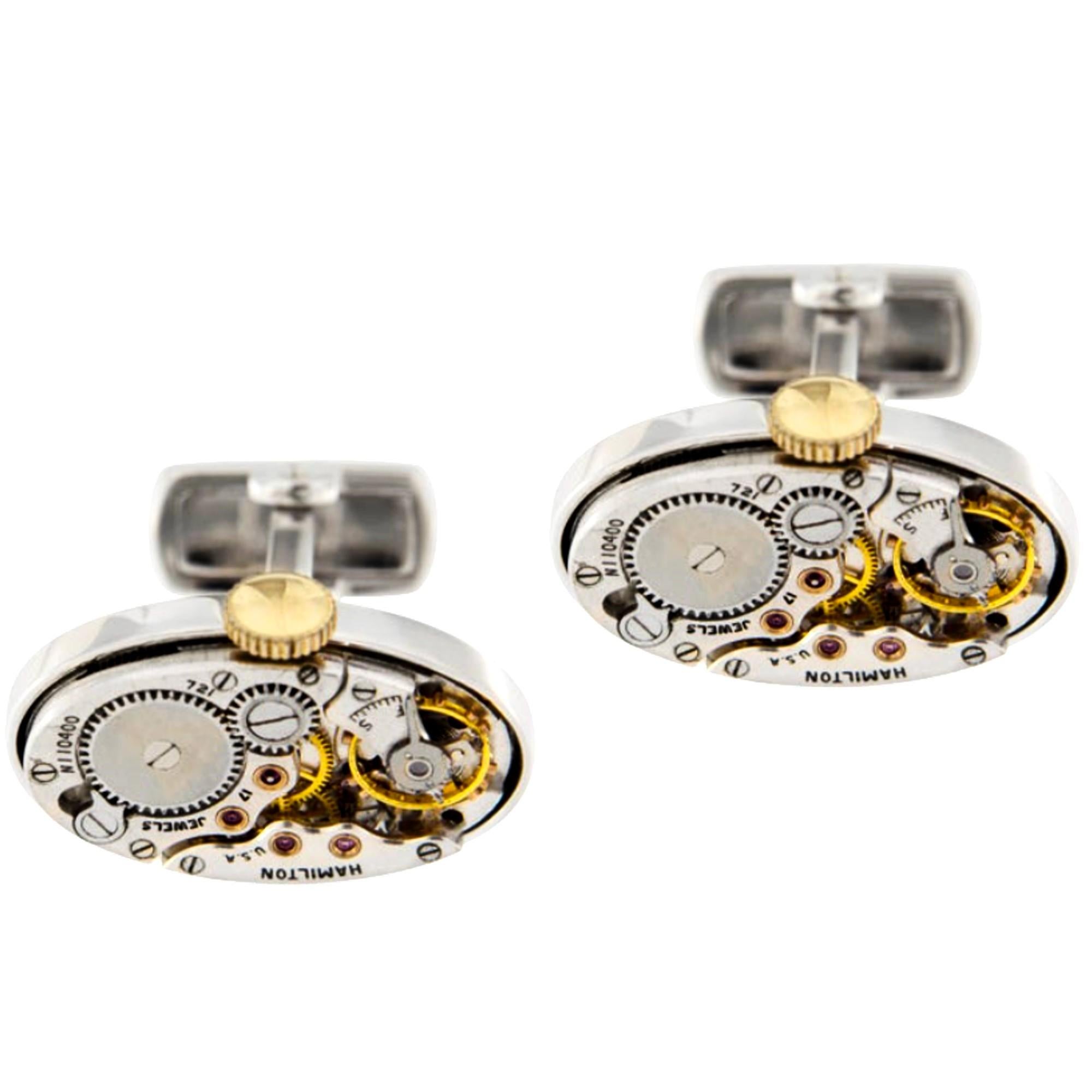Alex Jona Sterling Silver Cufflinks with Vintage Watch Movement In New Condition For Sale In Torino, IT