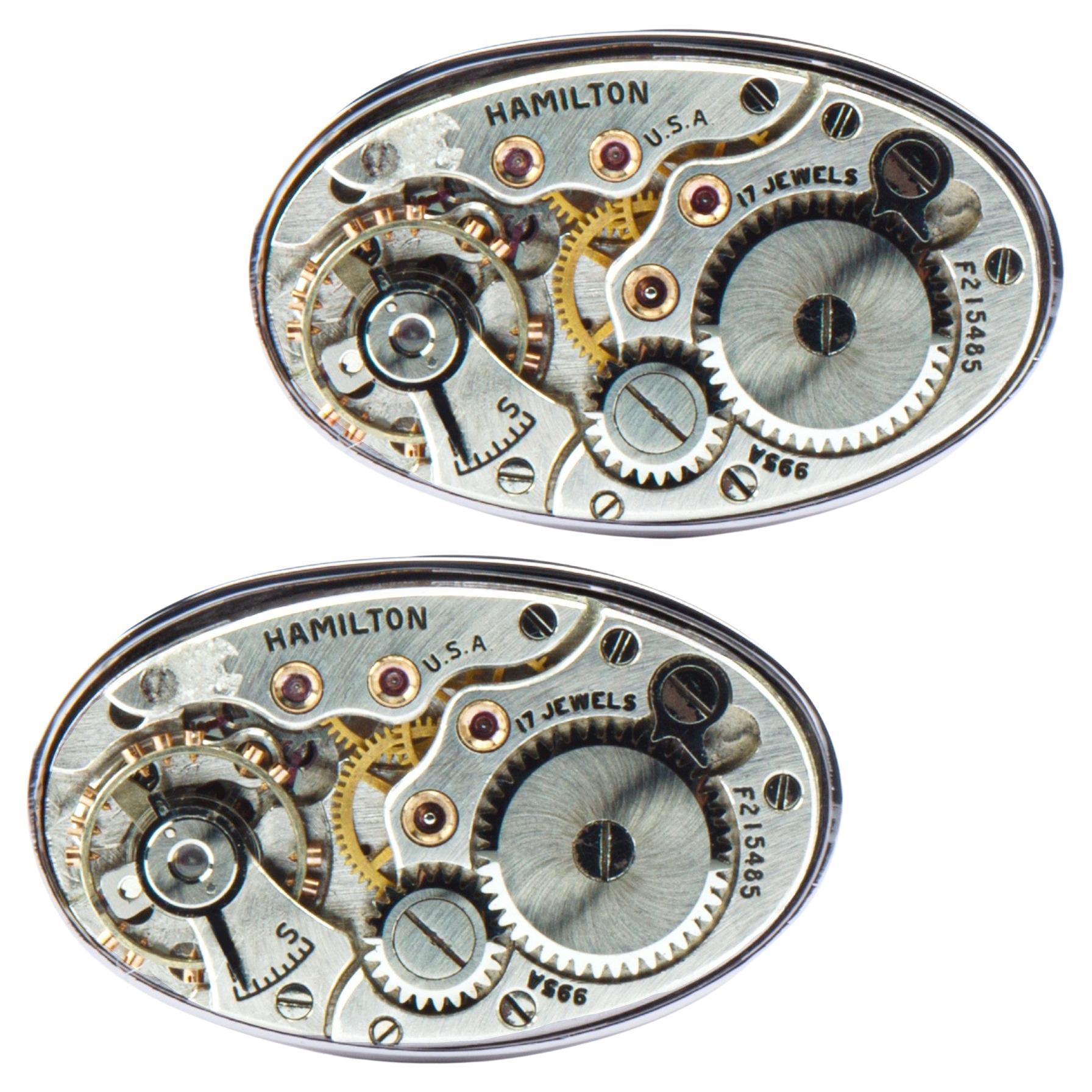 Alex Jona Sterling Silver Cufflinks with Vintage Watch Movement For Sale