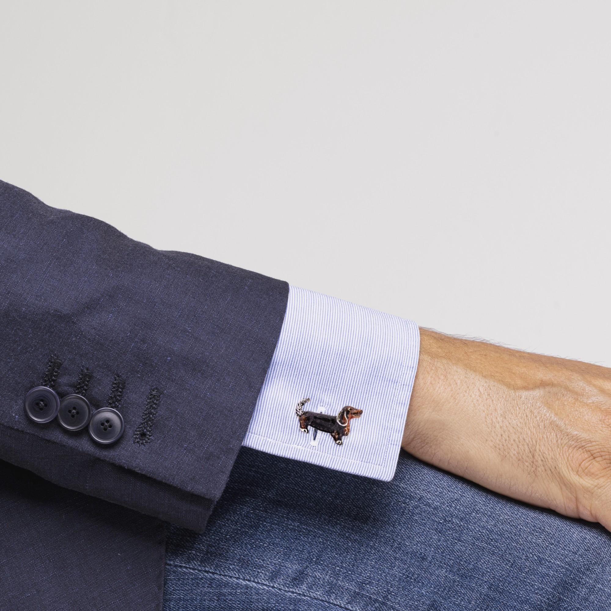 Alex Jona design collection, hand crafted in Italy, sterling silver Dachshund dog cufflinks with enamel. 
Alex Jona cufflinks stand out, not only for their special design and for the excellent quality, but also for the careful attention given to