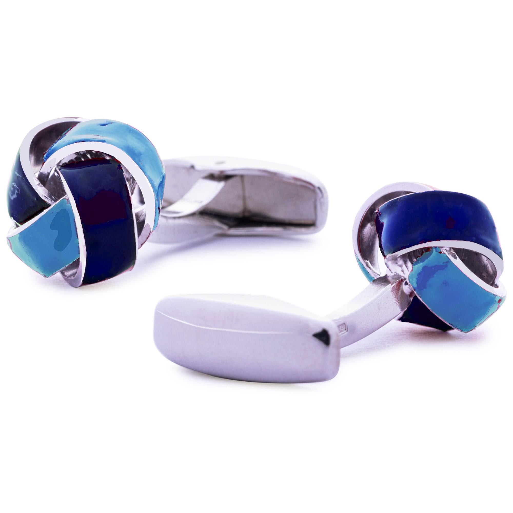 Alex Jona Sterling Silver Dark & Light Blue Enamel Knot Cufflinks In New Condition For Sale In Torino, IT