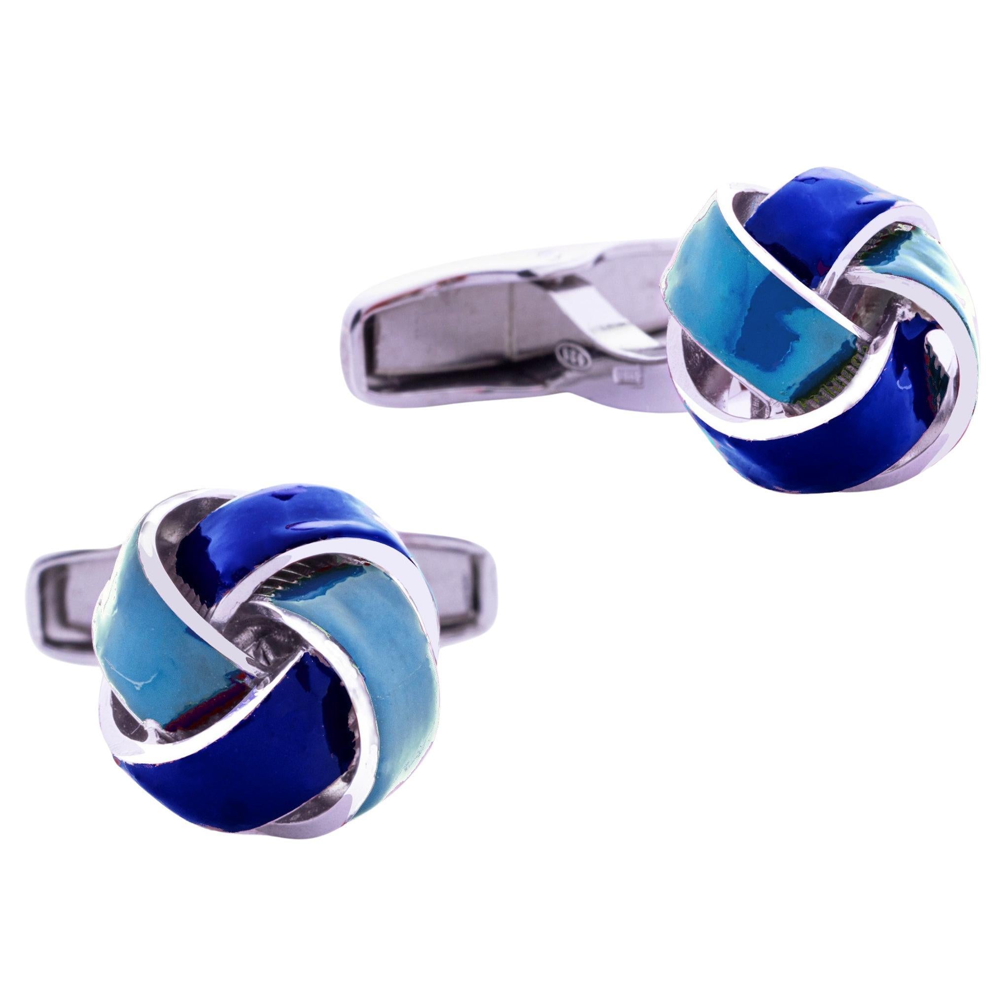 Alex Jona Sterling Silver Dark & Light Blue Enamel Knot Cufflinks For Sale