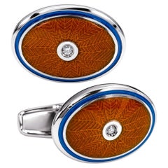 Alex Jona Sterling Silver Diamond Rust Red and Blue Guilloché Enamel Cufflinks