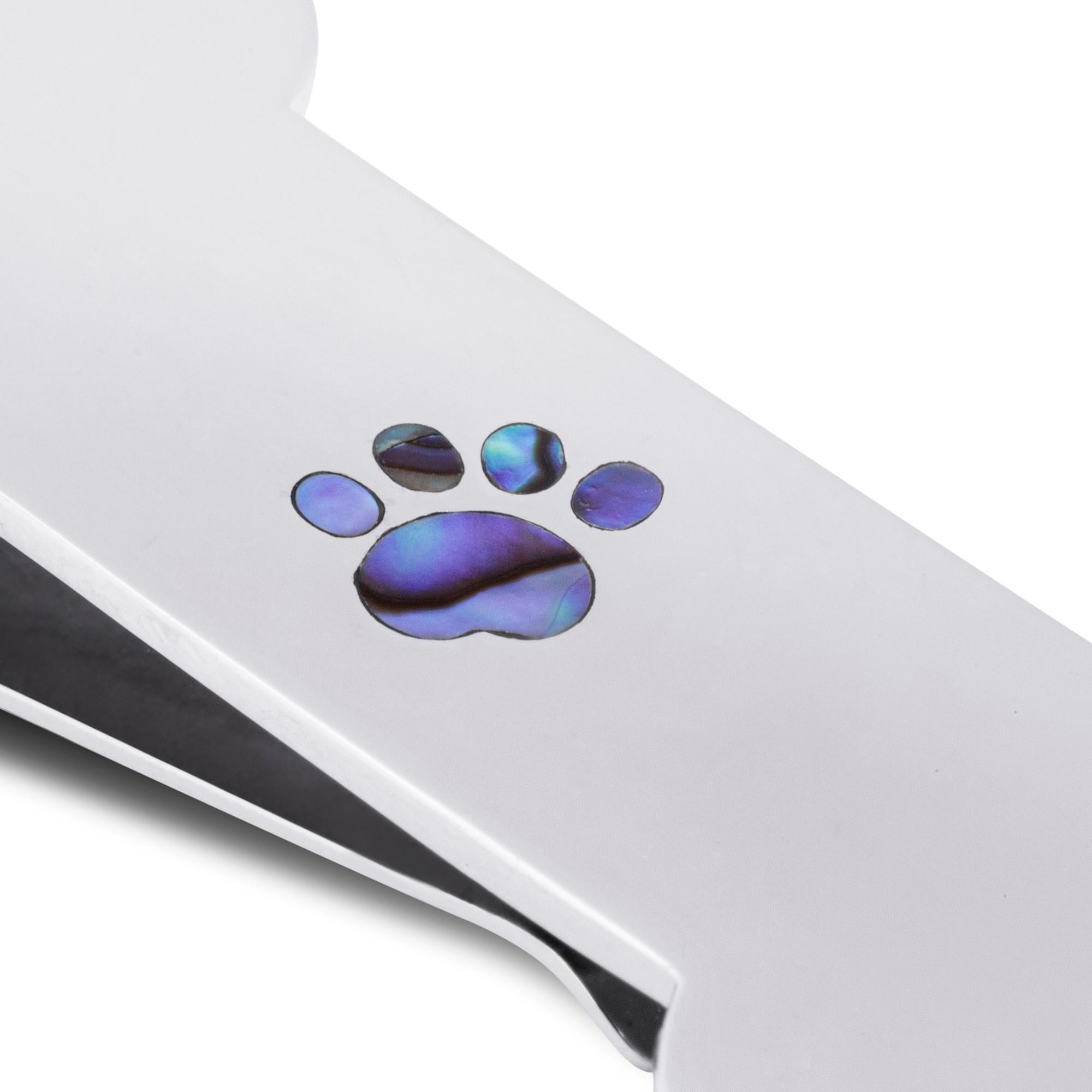 Alex Jona hand crafted in Italy, rhodium plated sterling silver dog bone money clip with paw inlay. 
Alex Jona gifts stand out, not only for their special design and for the excellent quality, but also for the careful attention given to details