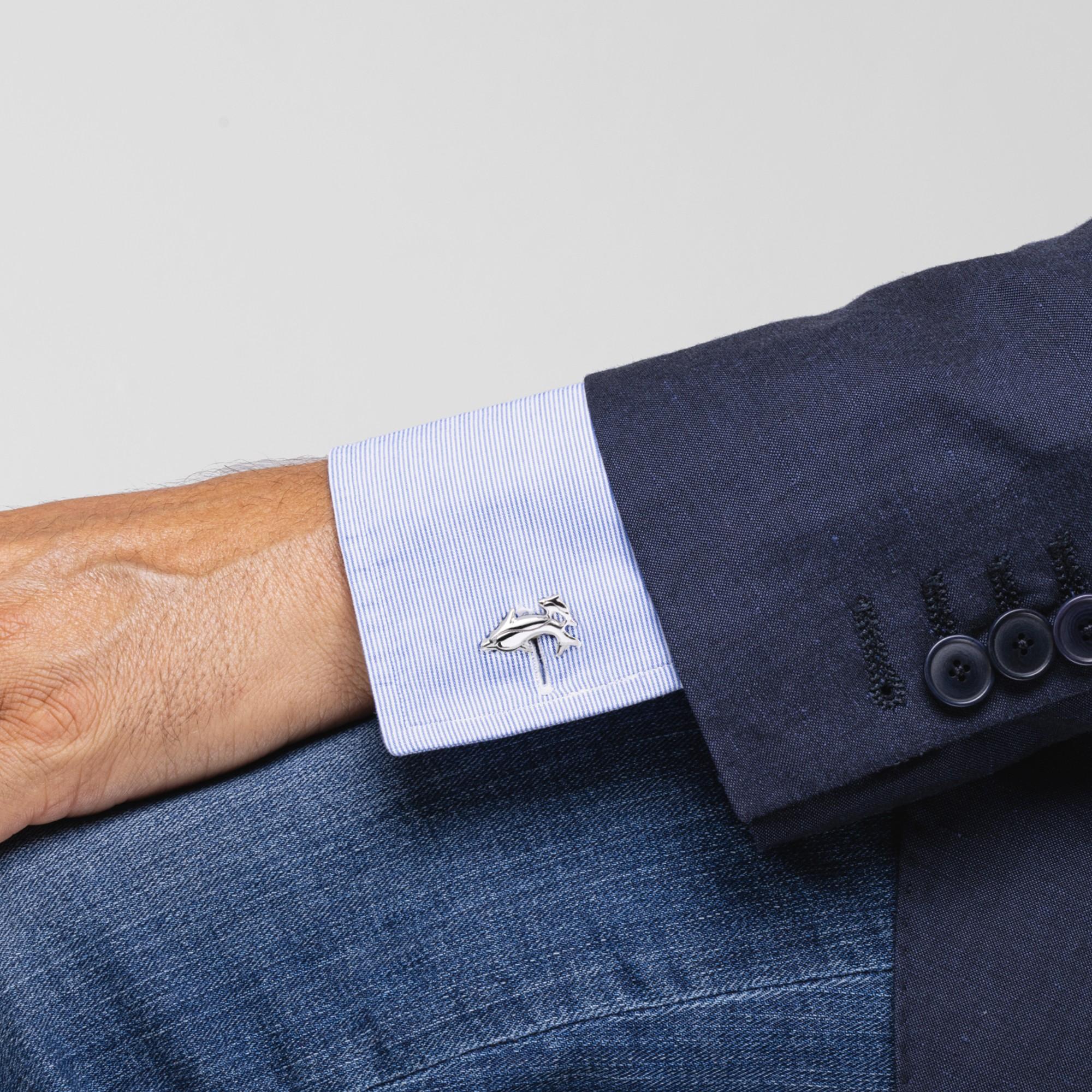 Alex Jona design collection, hand crafted in Italy, sterling silver dolphin cufflinks. These cufflinks feature a T-Bar fastening, aiding in easy use and confidence that they'll stay secured to your shirt.

Alex Jona cufflinks stand out, not only for