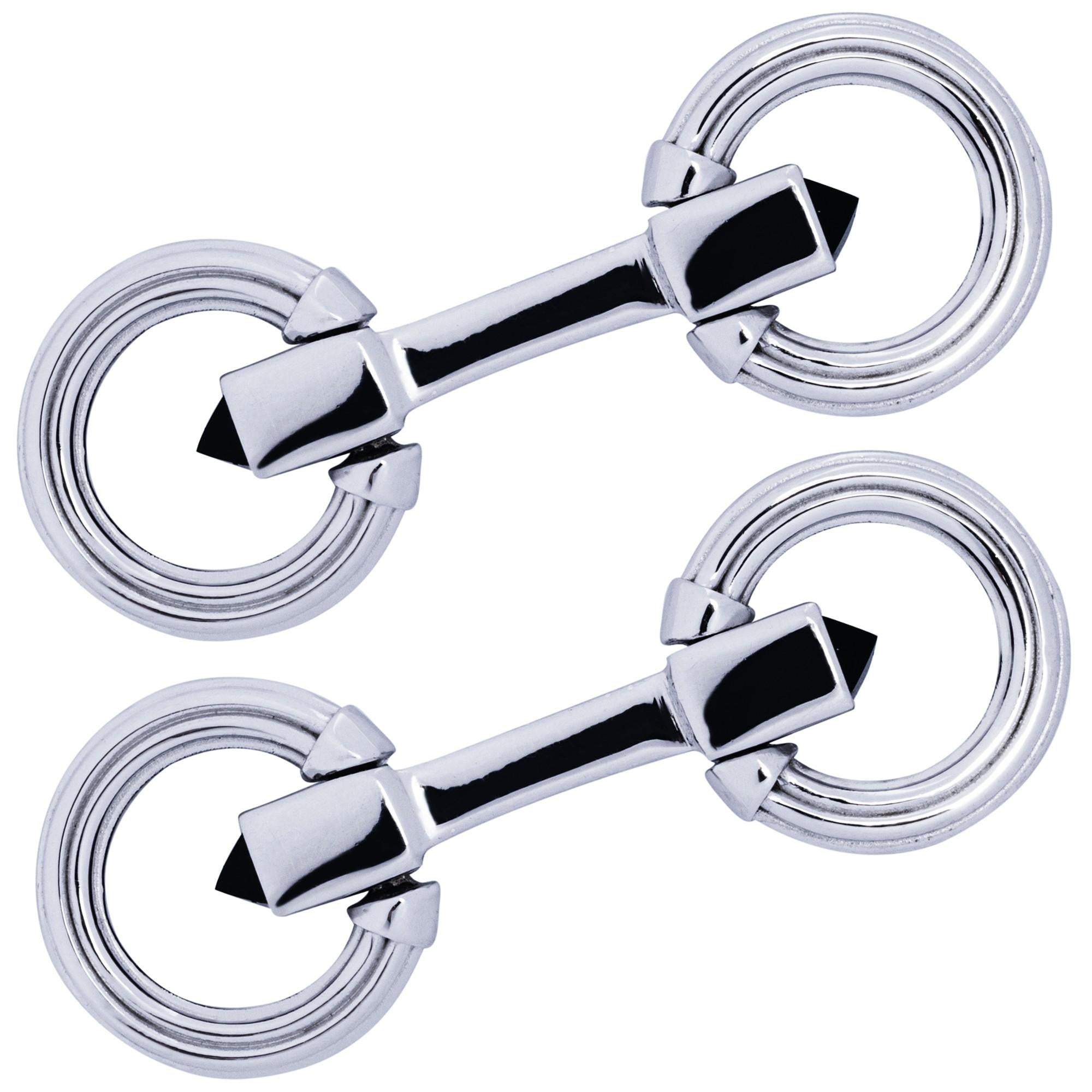 Taille cabochon Boutons de manchette en argent Alex Jona à double anneau pliant en onyx en vente