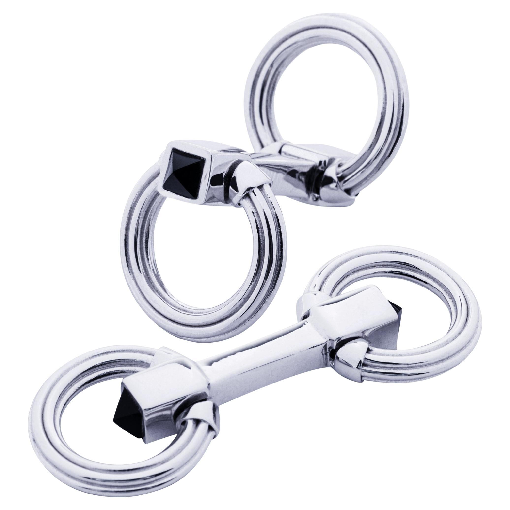 Boutons de manchette en argent Alex Jona à double anneau pliant en onyx en vente