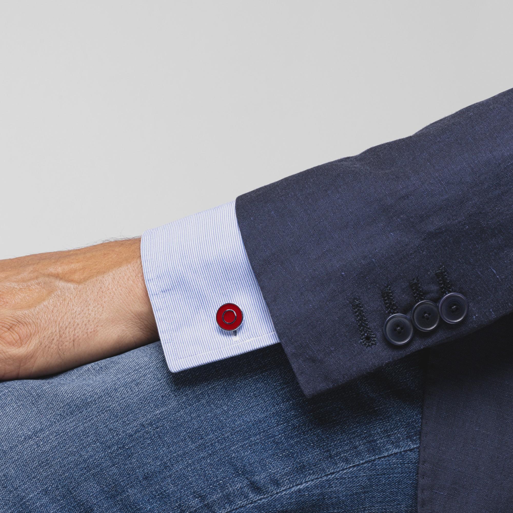 Collection design Alex Jona, travail artisanal en Italie, boutons de manchette en argent sterling 925/°°° émaillé rouge (diamètre : 0.54