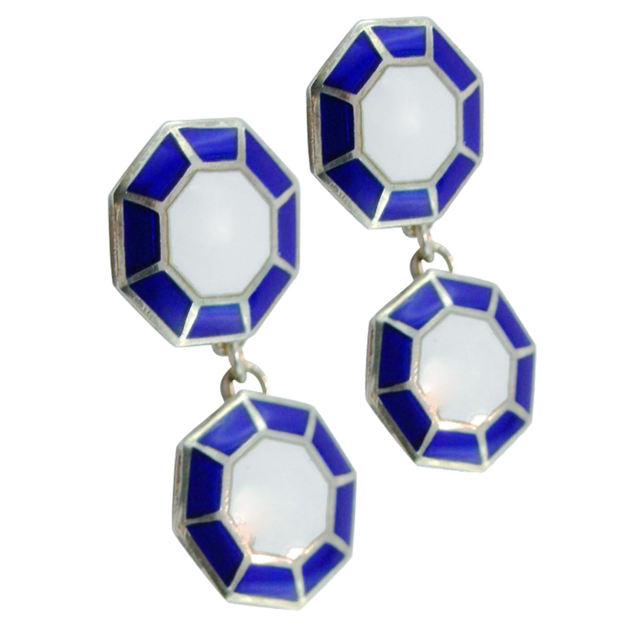 Alex Jona Sterling Silver Enamel Octagonal Cufflinks In New Condition For Sale In Lugano, CH