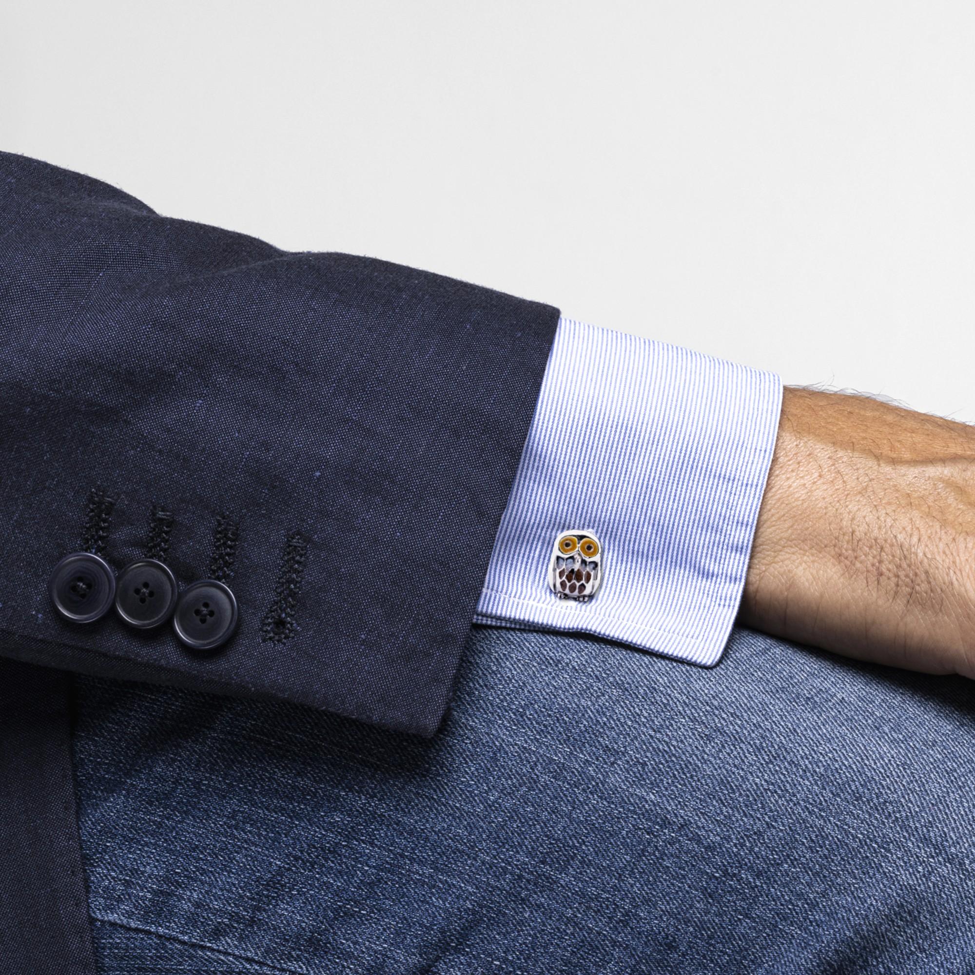 Alex Jona design collection, hand crafted in Italy, rhodium plated sterling owl silver cufflinks with enamel. 
Alex Jona cufflinks stand out, not only for their special design and for the excellent quality, but also for the careful attention given