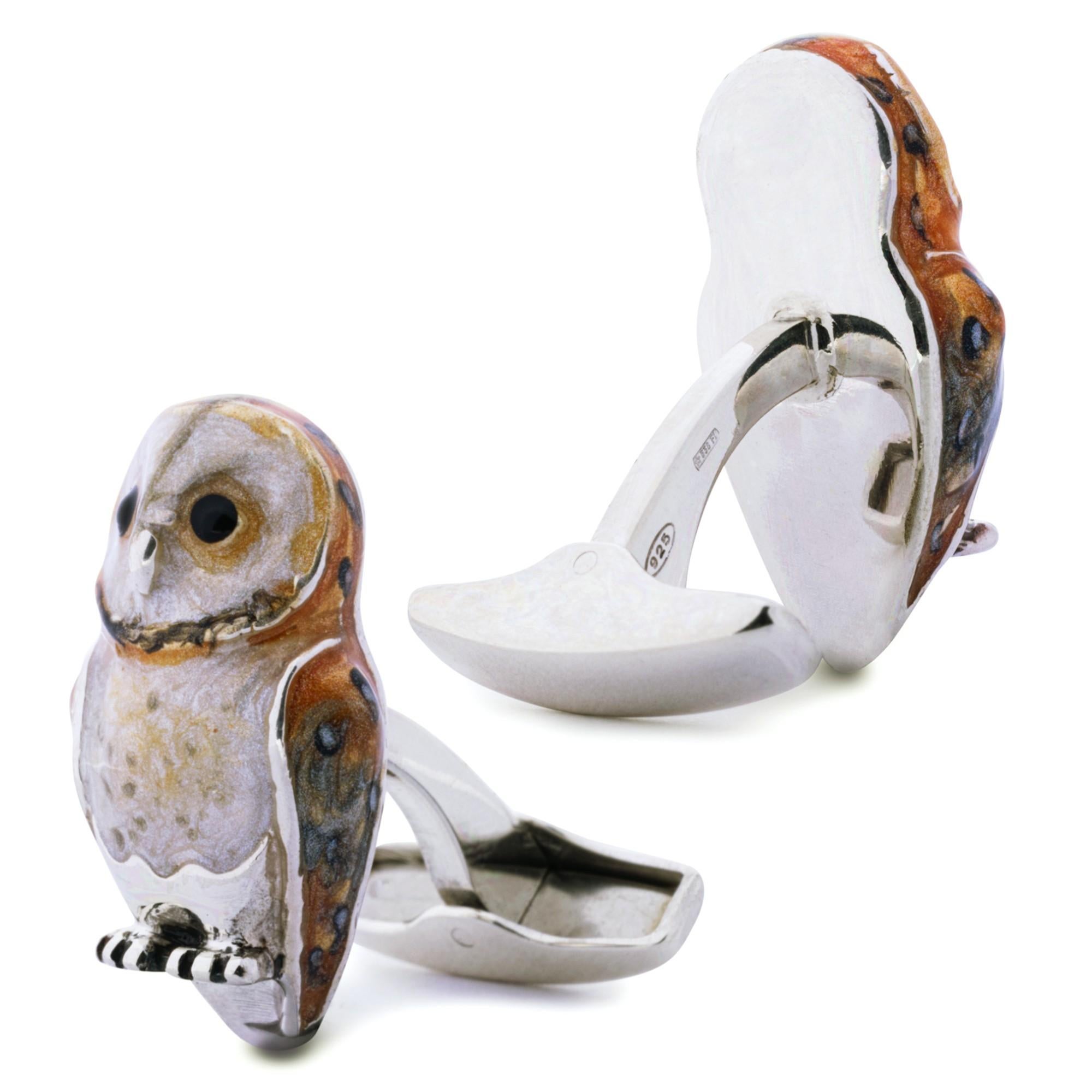 Alex Jona Sterling Silver Enamel Owl Cufflinks In New Condition For Sale In Torino, IT