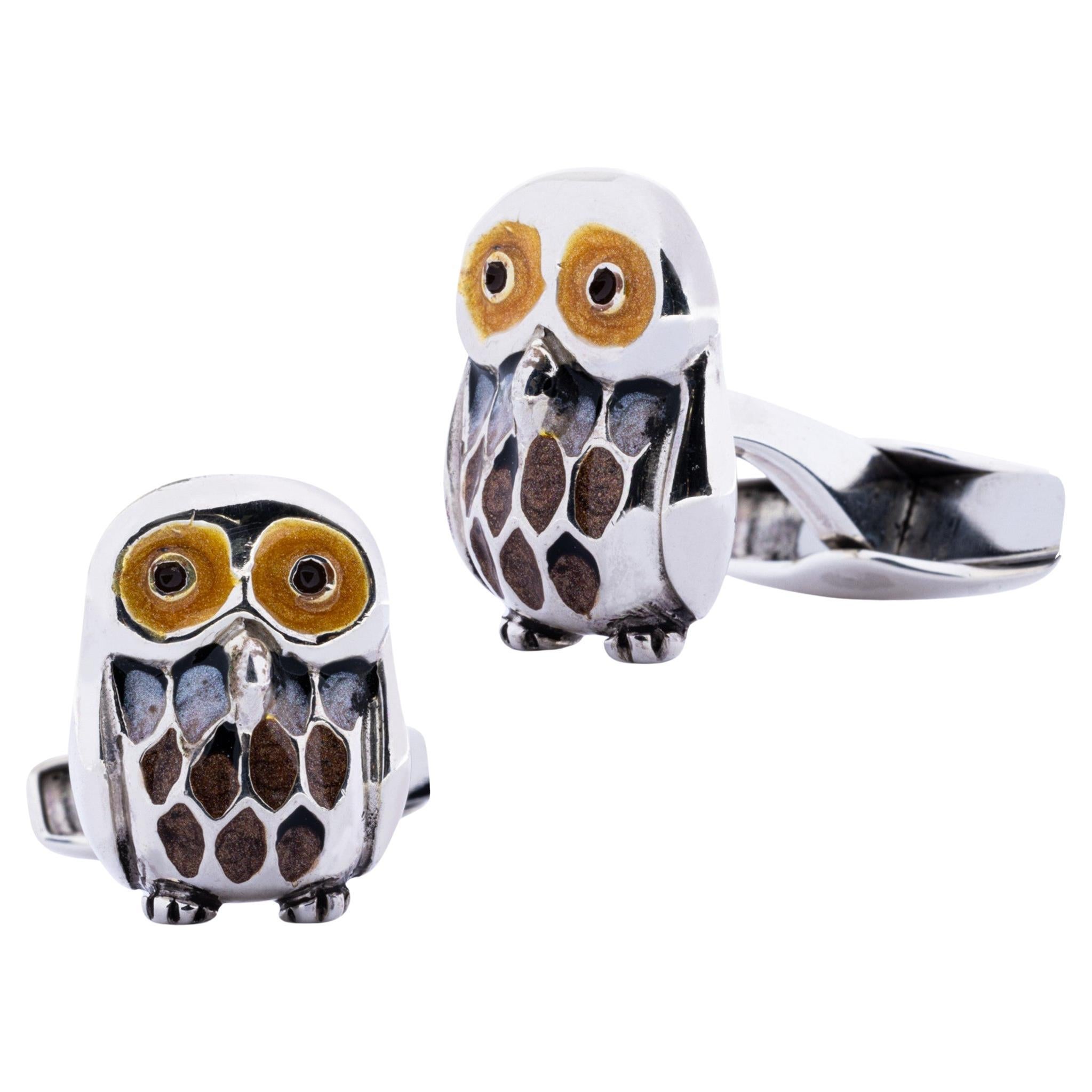 Sterling Silver Enamel Owl Cufflinks For Sale