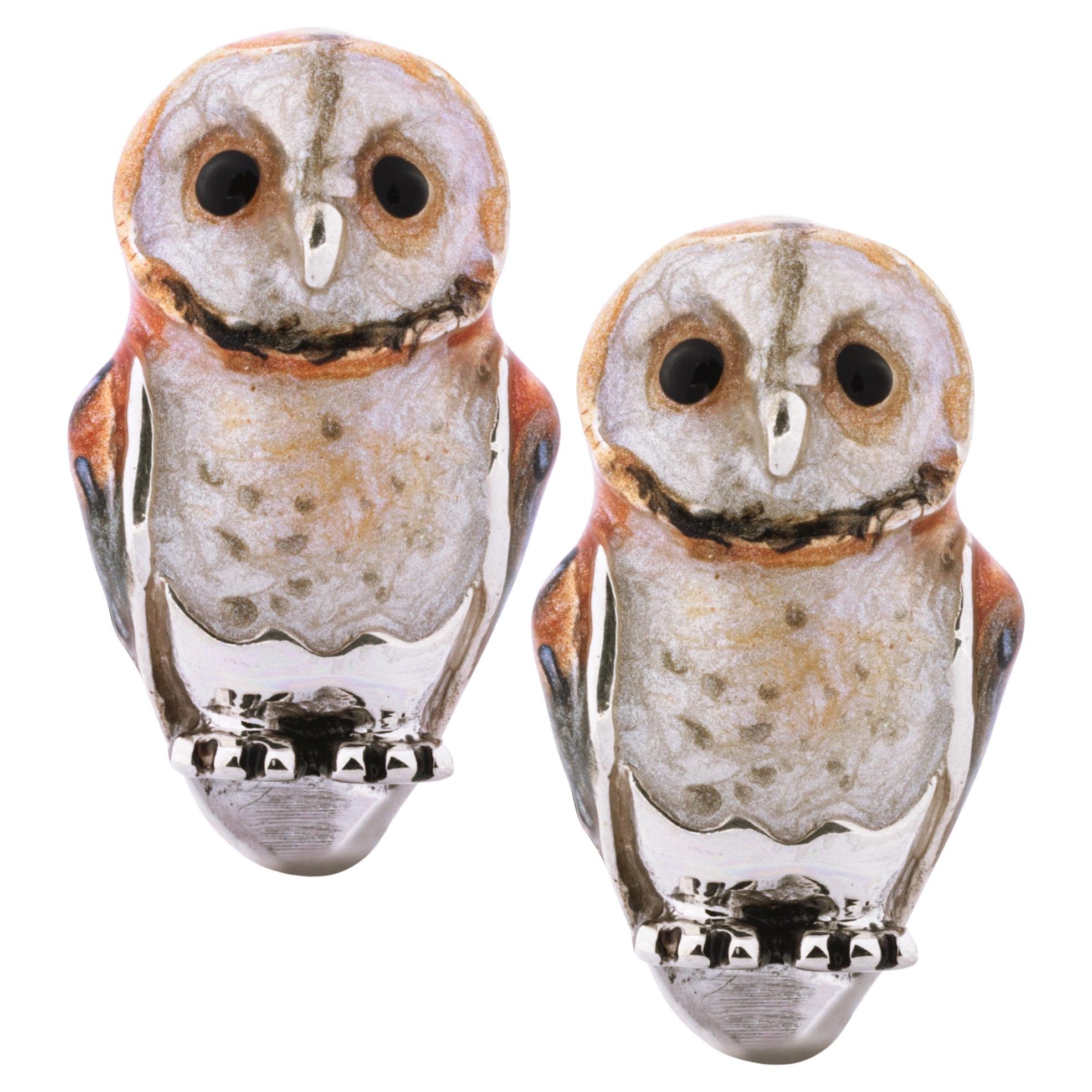 Alex Jona Sterling Silver Enamel Owl Cufflinks For Sale