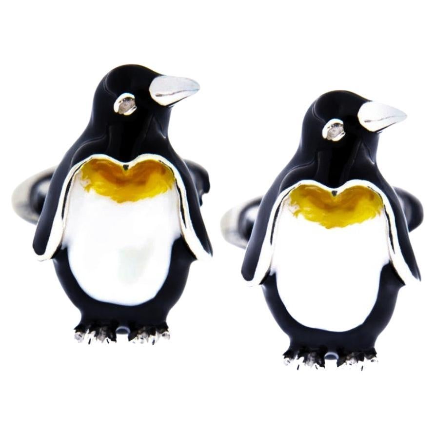 Alex Jona Sterling Silver Enamel Penguin Cufflinks For Sale