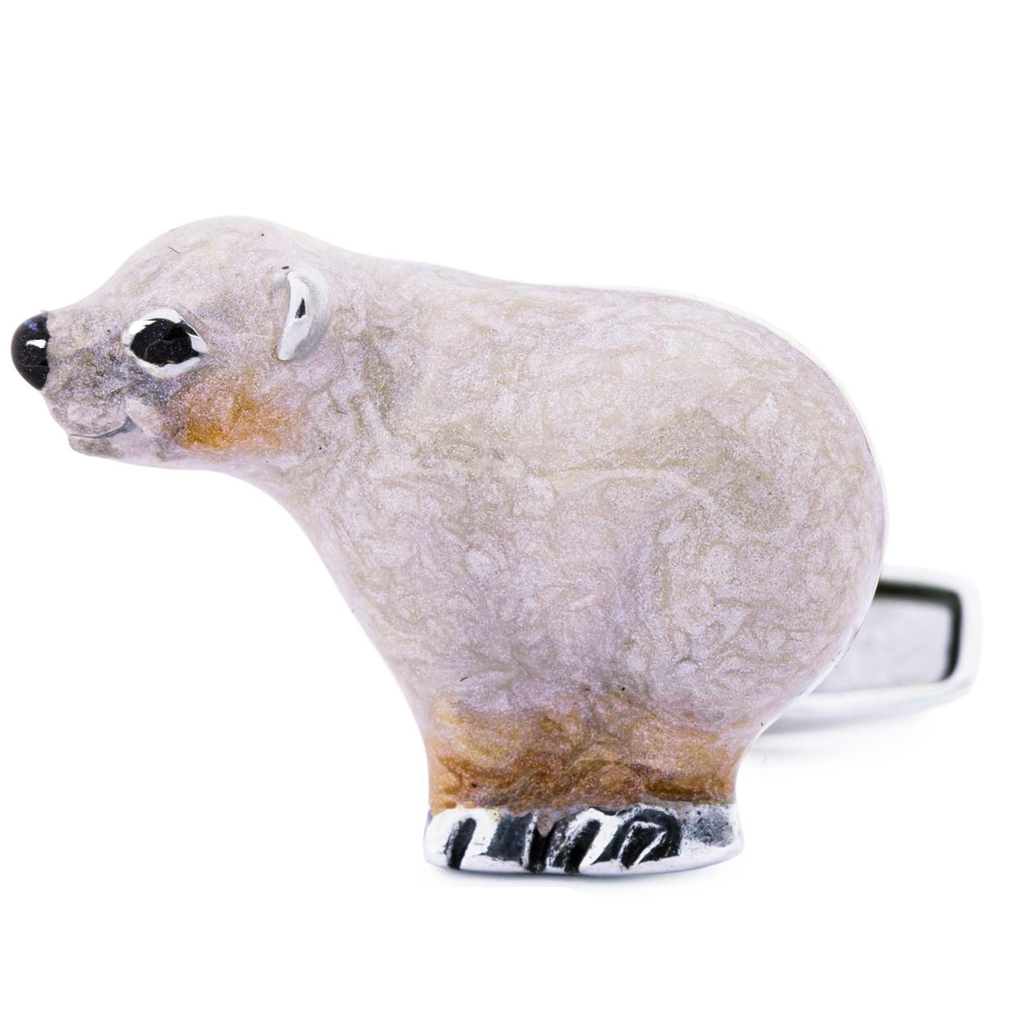 Alex Jona design collection, hand crafted in Italy, Sterling Silver polar bear cufflinks with white enamel. These cufflinks feature a T-Bar fastening, aiding in easy use and confidence that they'll stay secured to your shirt.

Alex Jona cufflinks