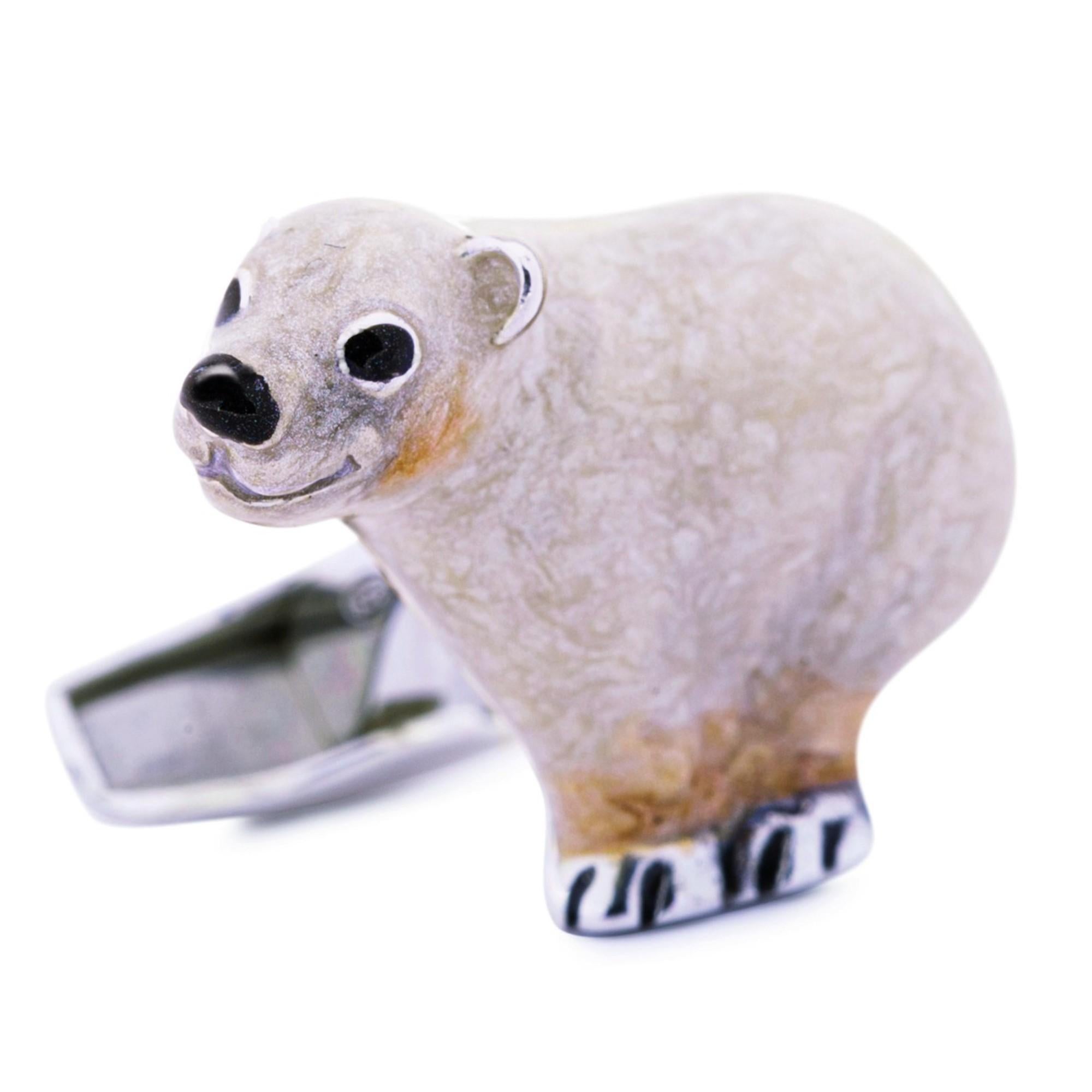 Women's or Men's Alex Jona Sterling Silver Enamel Polar Bear Cufflinks For Sale