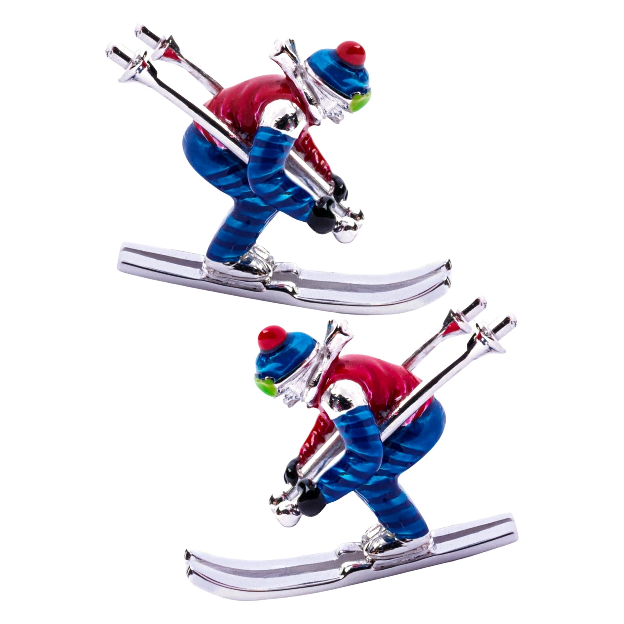 Alex Jona Sterling Silver Enamel Skier Cufflinks For Sale