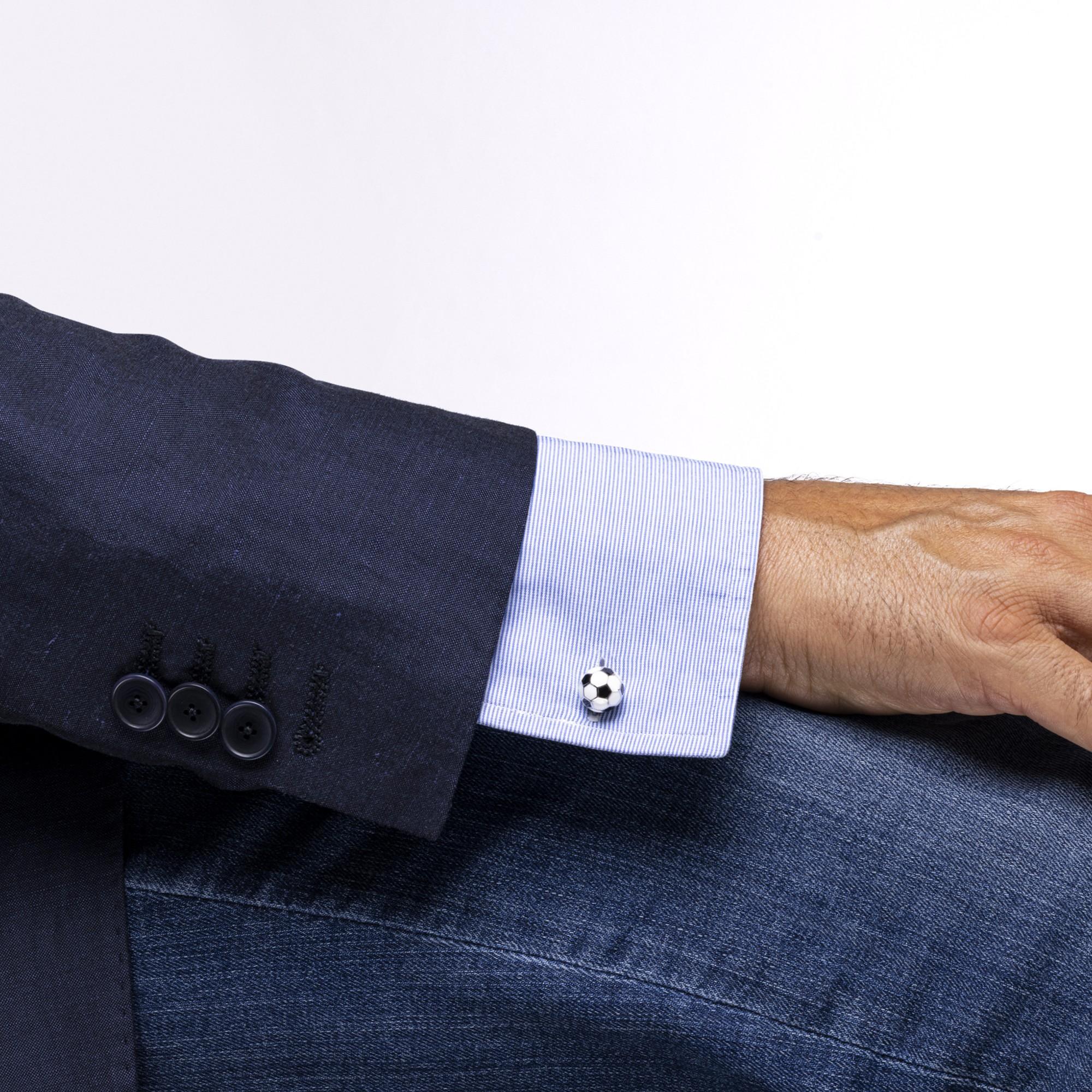 Alex Jona, fabriqués à la main en Italie, boutons de manchette en argent 925/°°° en forme de soccer émaillé avec plaque de rhodium. Marqué 