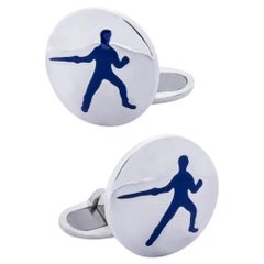 Alex Jona Sterling Silver Fencing Blue Enamel Cufflinks