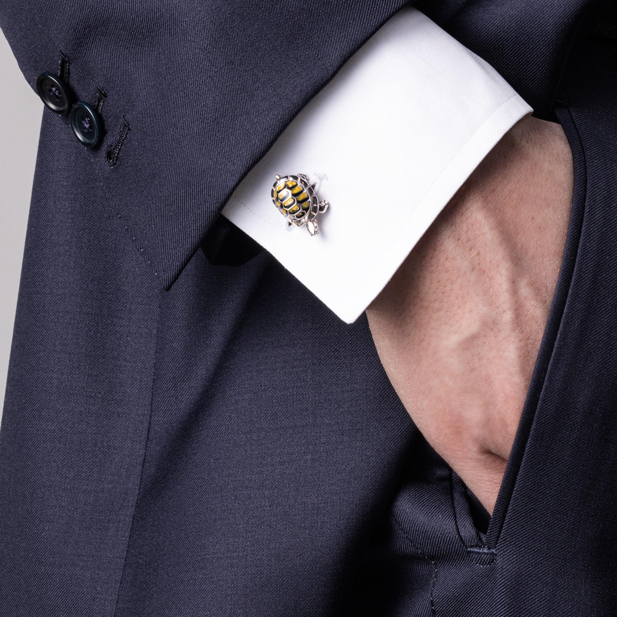 Alex Jona design collection, hand crafted in Italy, rhodium plated Sterling Silver turtle cufflinks with fire enamel. These cufflinks feature a T-Bar fastening, aiding in easy use and confidence that they'll stay secured to your shirt. 

Alex Jona