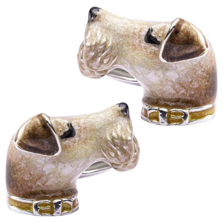 Alex Jona Sterling Silver Fox Terrier Dog Cufflinks with Enamel For Sale