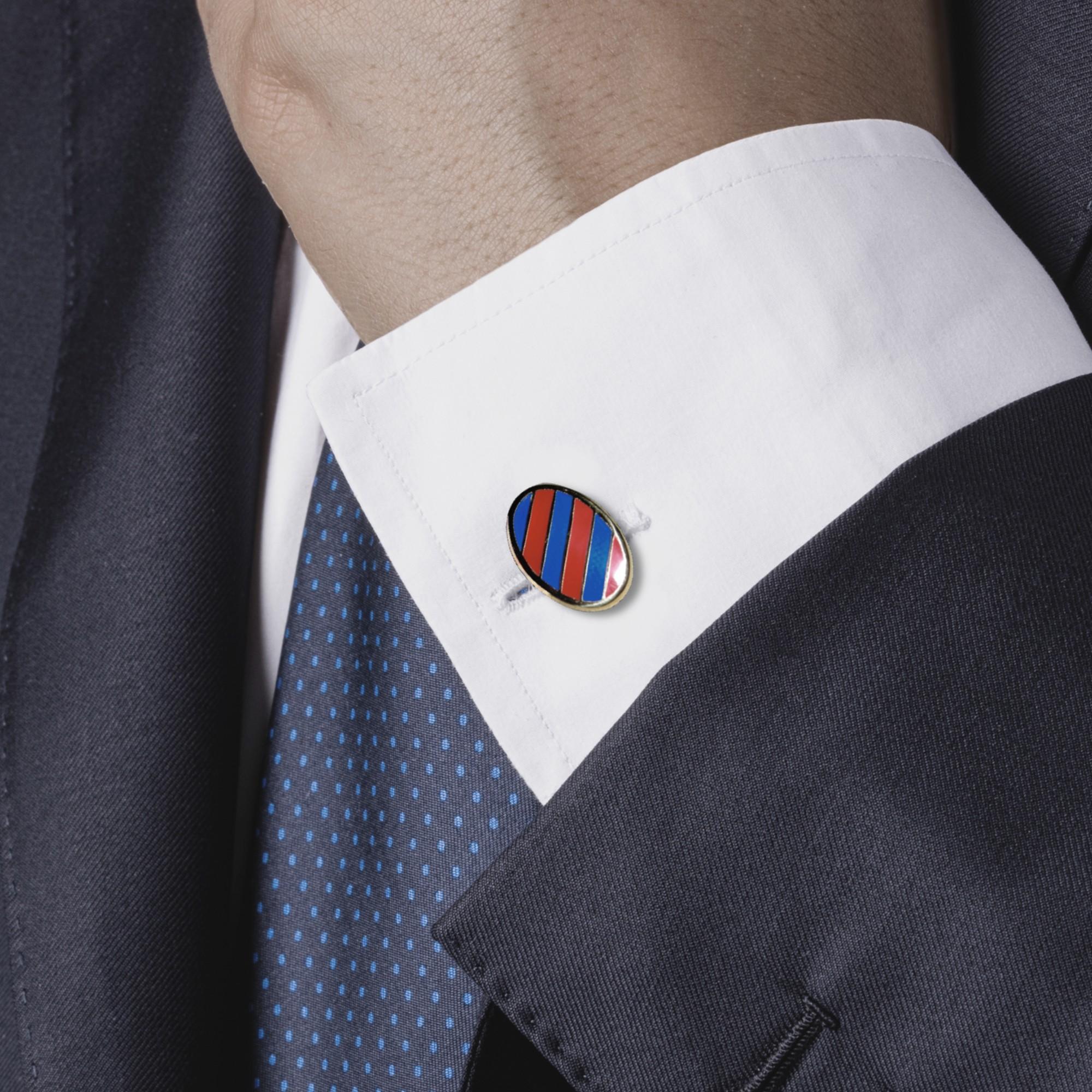 Boutons de manchette en argent sterling et plaqué or à rayures bleues et rouges en émail Alex Jona Unisexe en vente