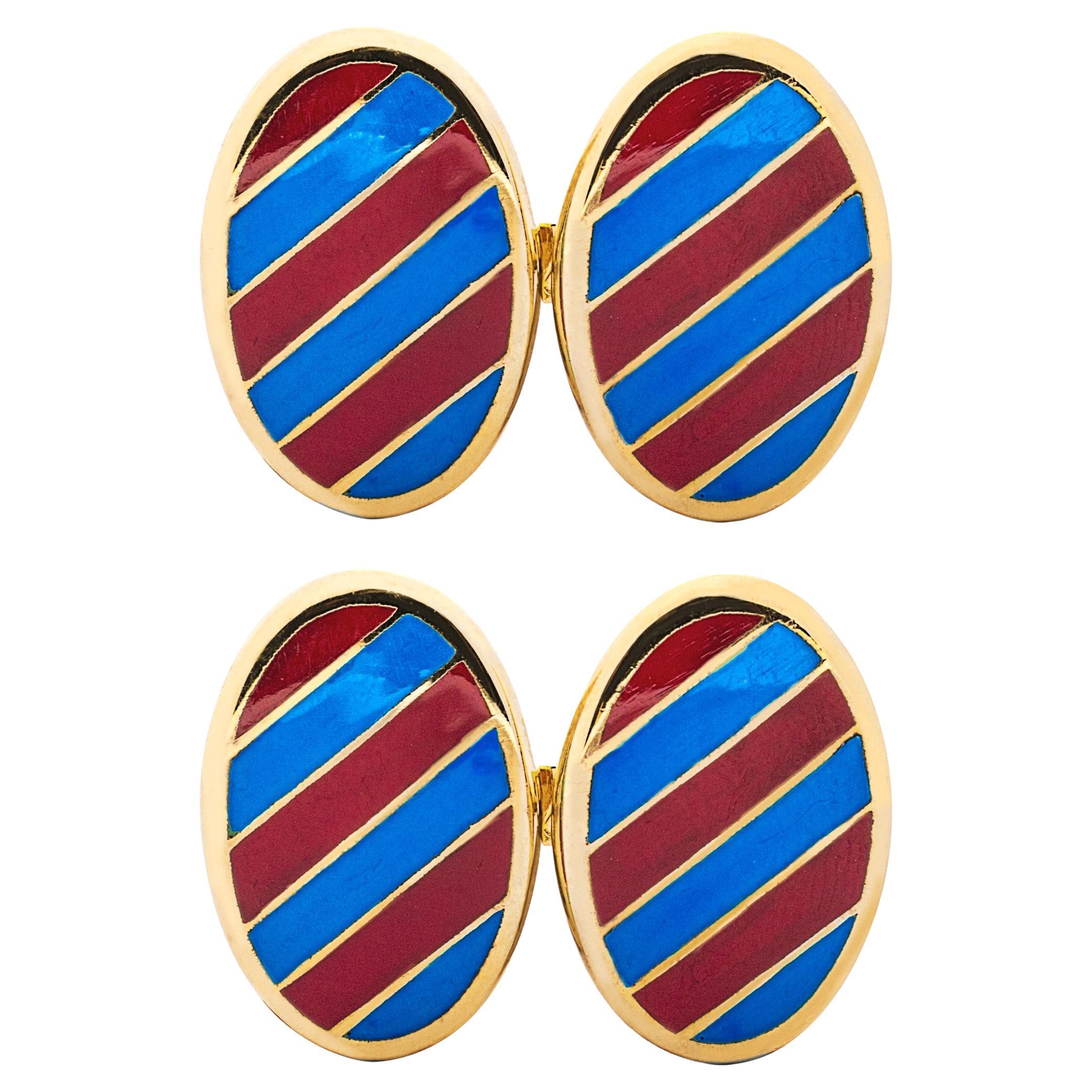 Alex Jona Sterling Silver Gold-Plated Blue and Red Stripe Enamel Cufflinks