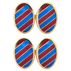 Boutons de manchette en argent sterling et plaqué or à rayures bleues et rouges en émail Alex Jona