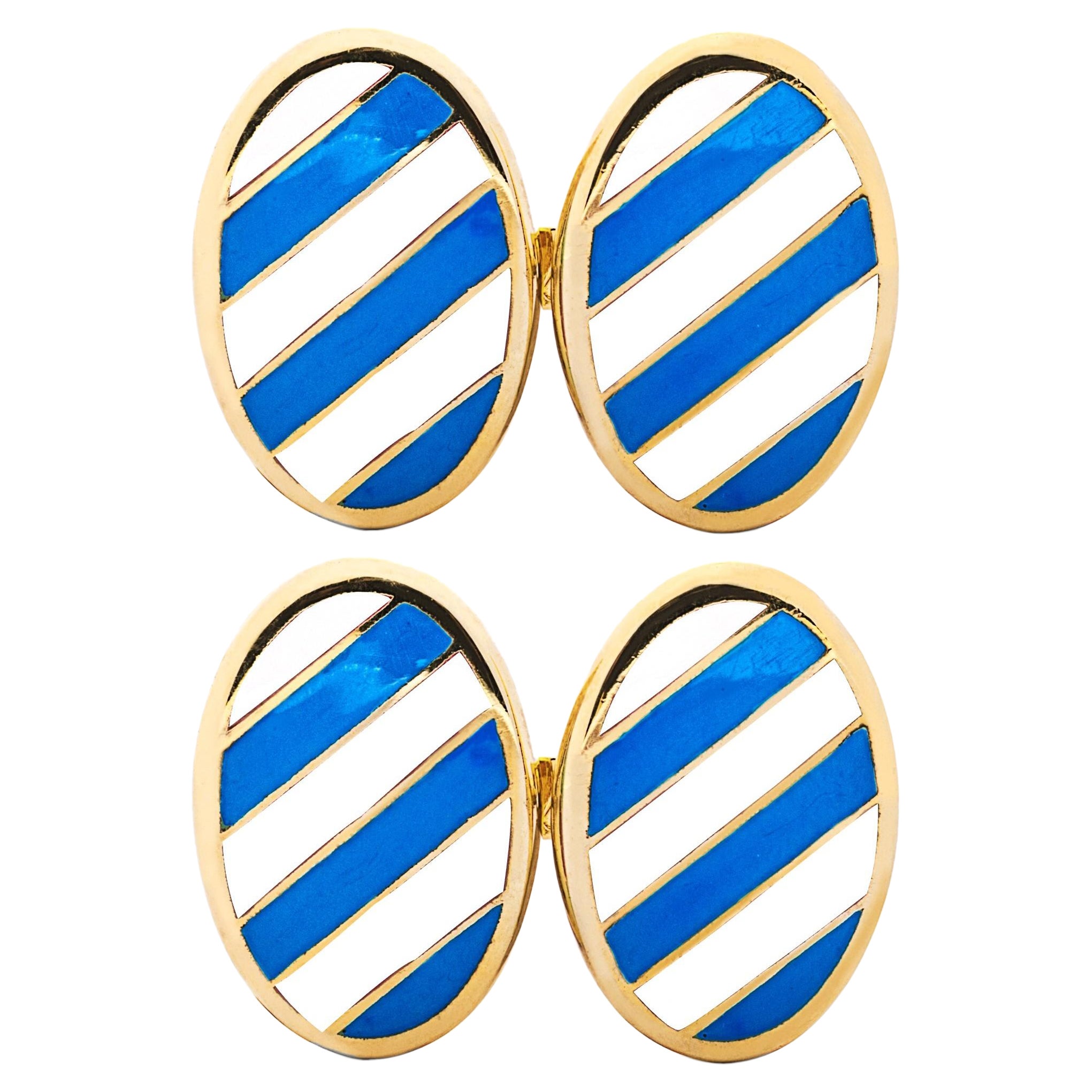 Gemelli Regimental di Alex Jona in argento sterling placcato oro con smalto blu e bianco