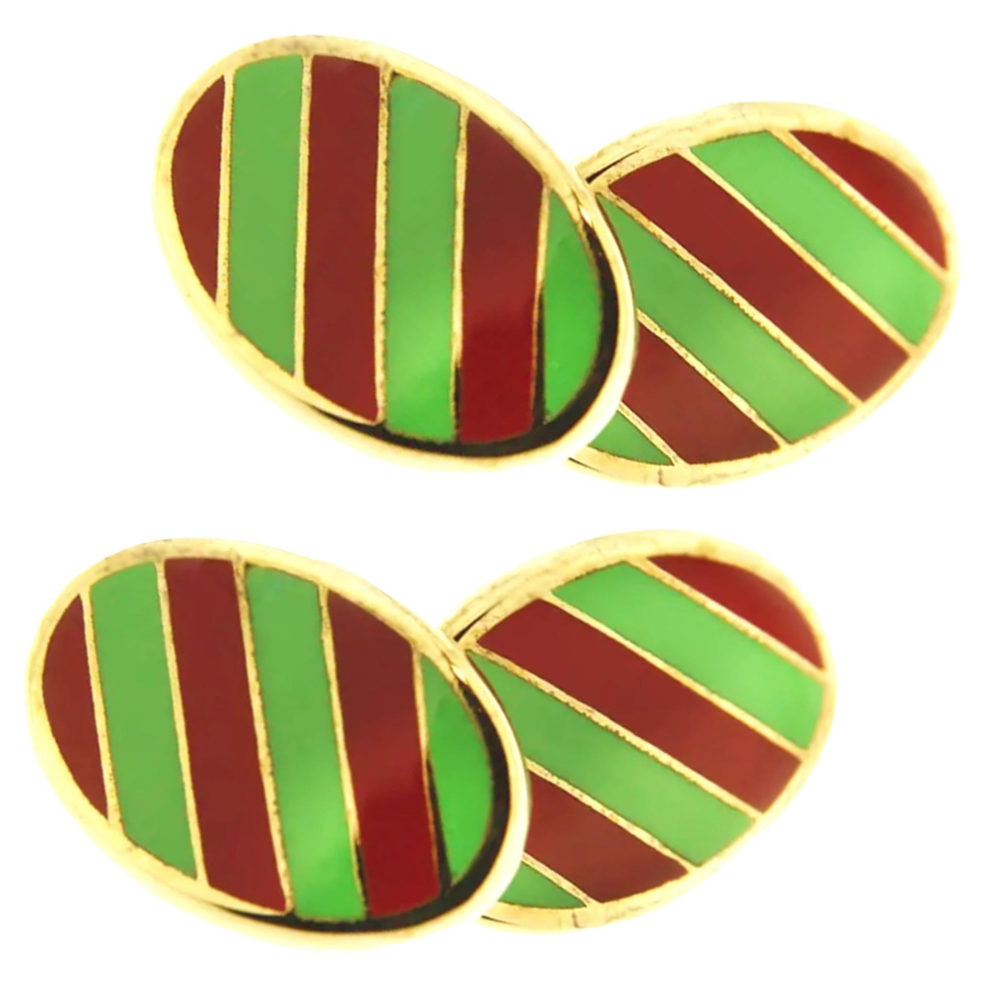 Alex Jona Sterling Silver Gold-Plated Green and Red Stripe Enamel Cufflinks For Sale