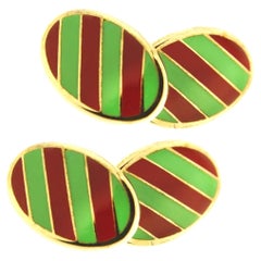 Alex Jona Sterling Silver Gold-Plated Green and Red Stripe Enamel Cufflinks