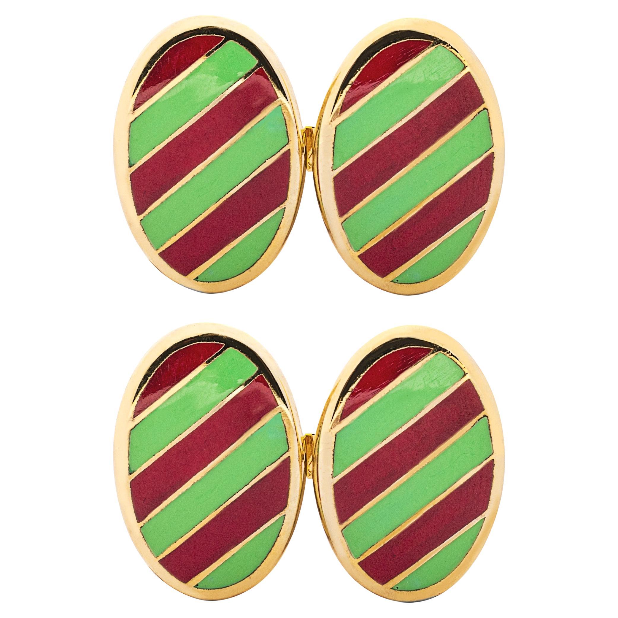 Alex Jona Sterling Silver Gold-Plated Green and Red Stripe Enamel Cufflinks