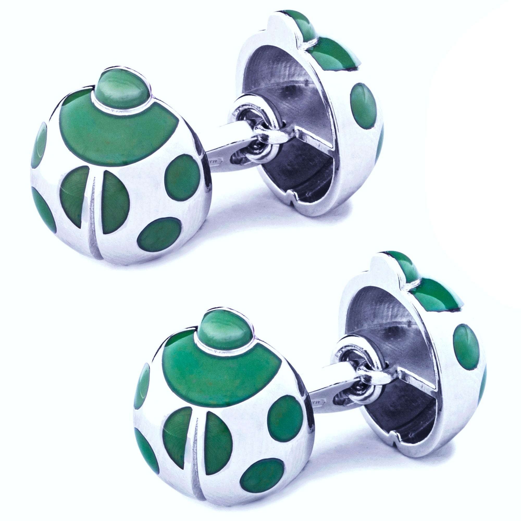 Alex Jona Sterling Silver Green Enamel Ladybug Cufflinks In New Condition For Sale In Torino, IT