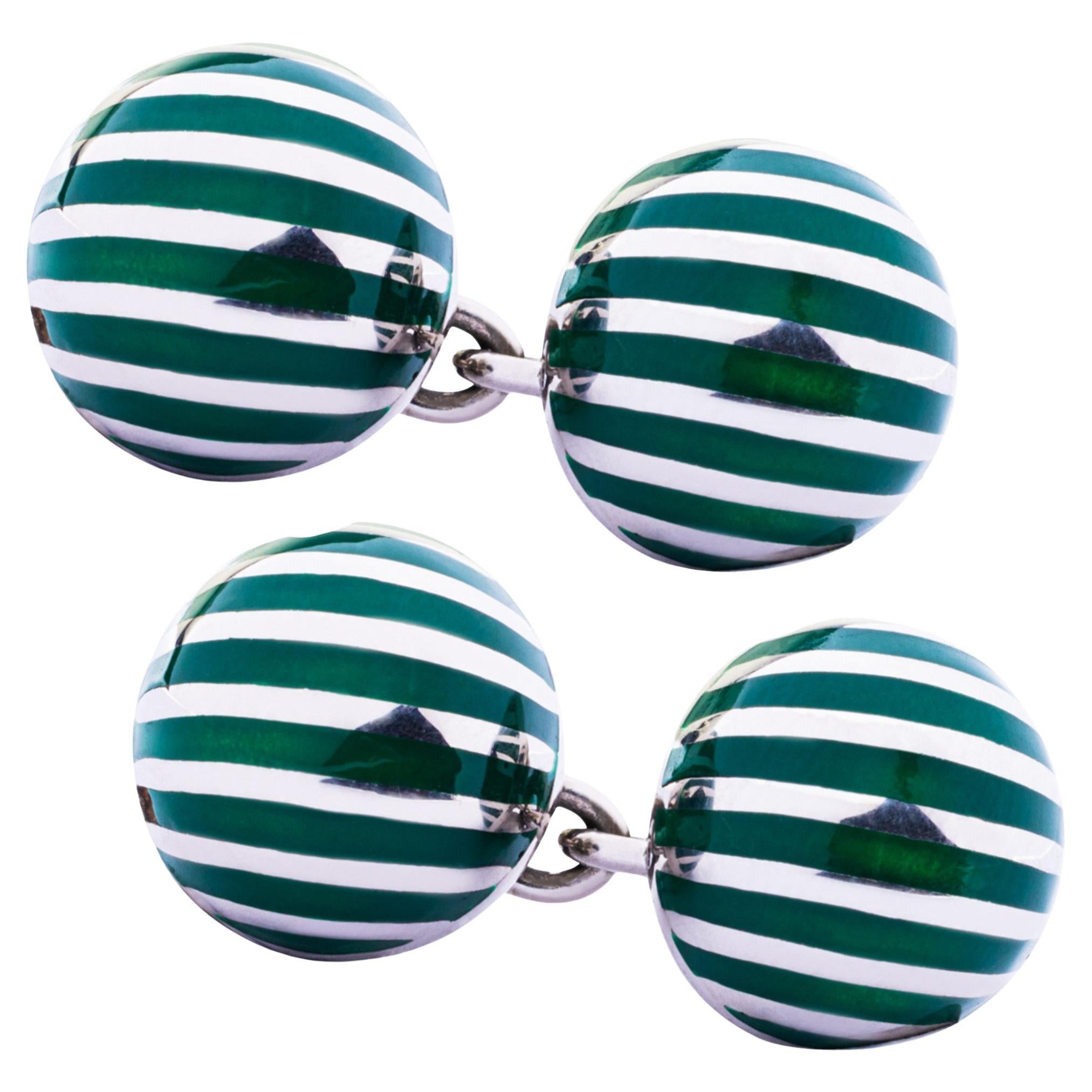 Sterling Silver Green Enamel Stripe Cufflinks