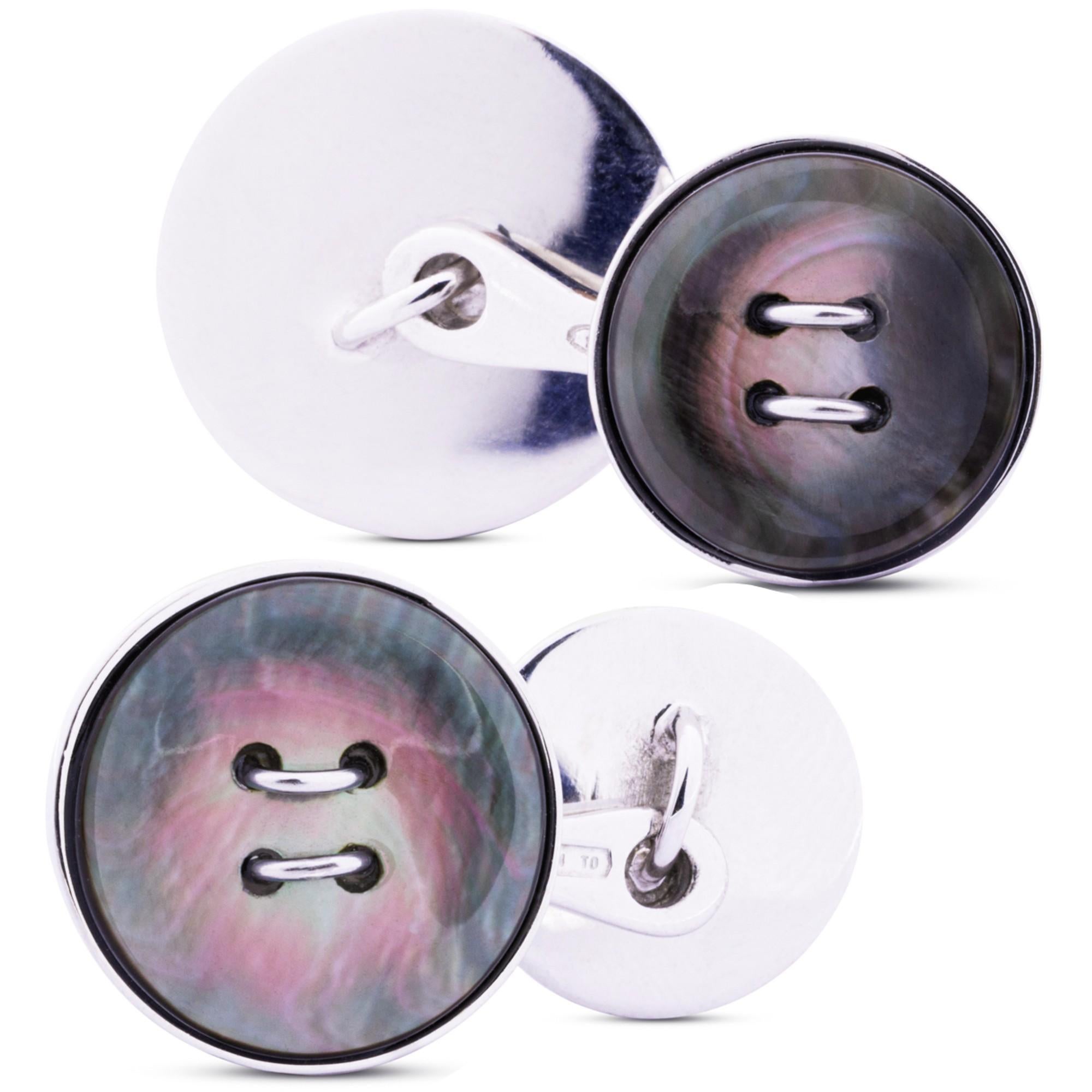 Mixed Cut Sterling Silver Grey Mother-of-Pearl Button Cufflinks For Sale