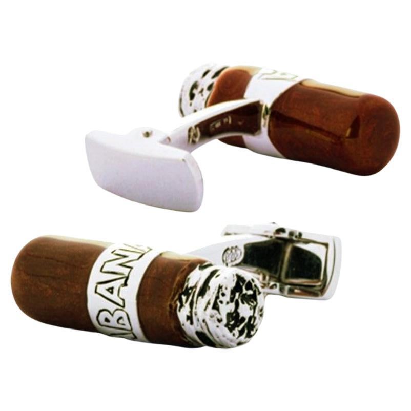 Sterling Silver Hand-Painted Enamel Habana Cigar Cufflinks For Sale