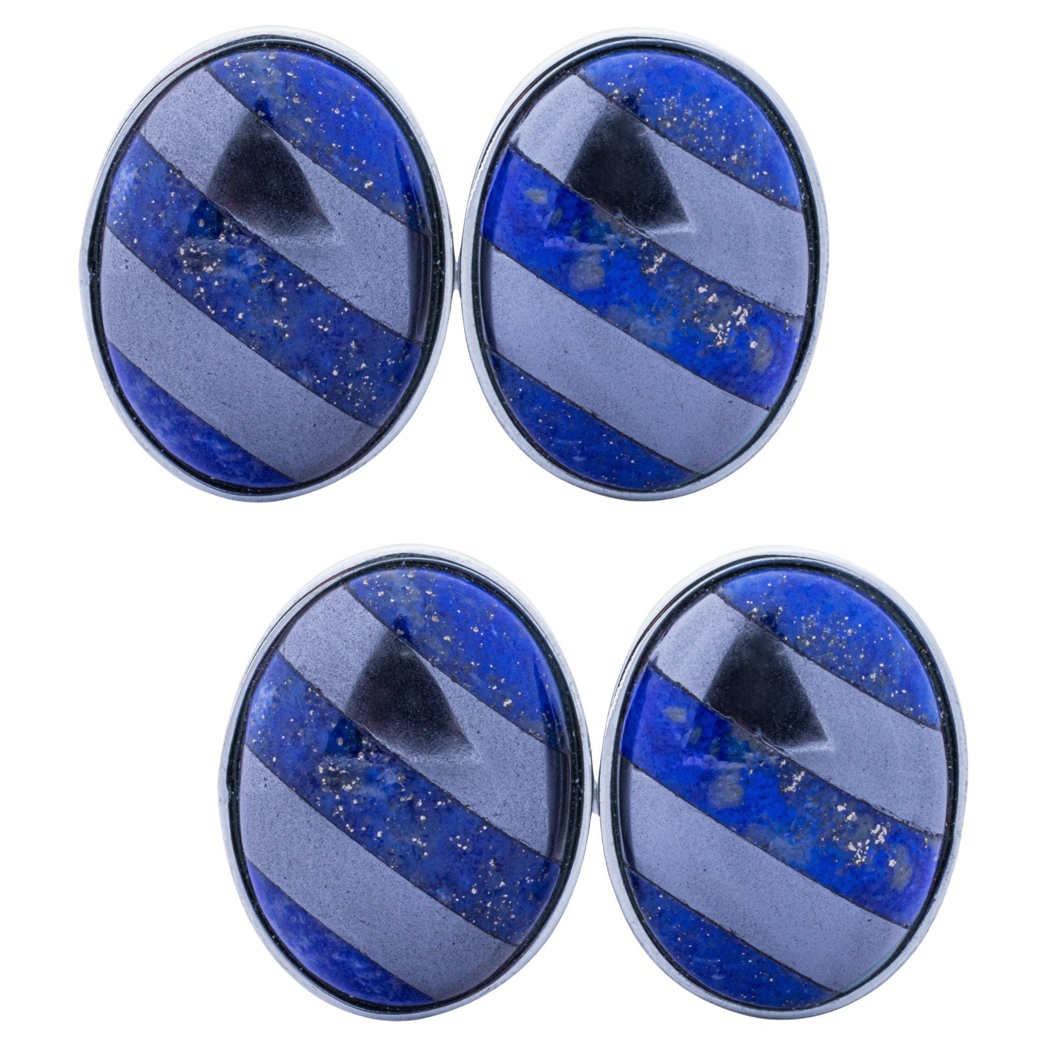 Boutons de manchette doubles en hématite et lapis-lazuli en argent Alex Jona en vente
