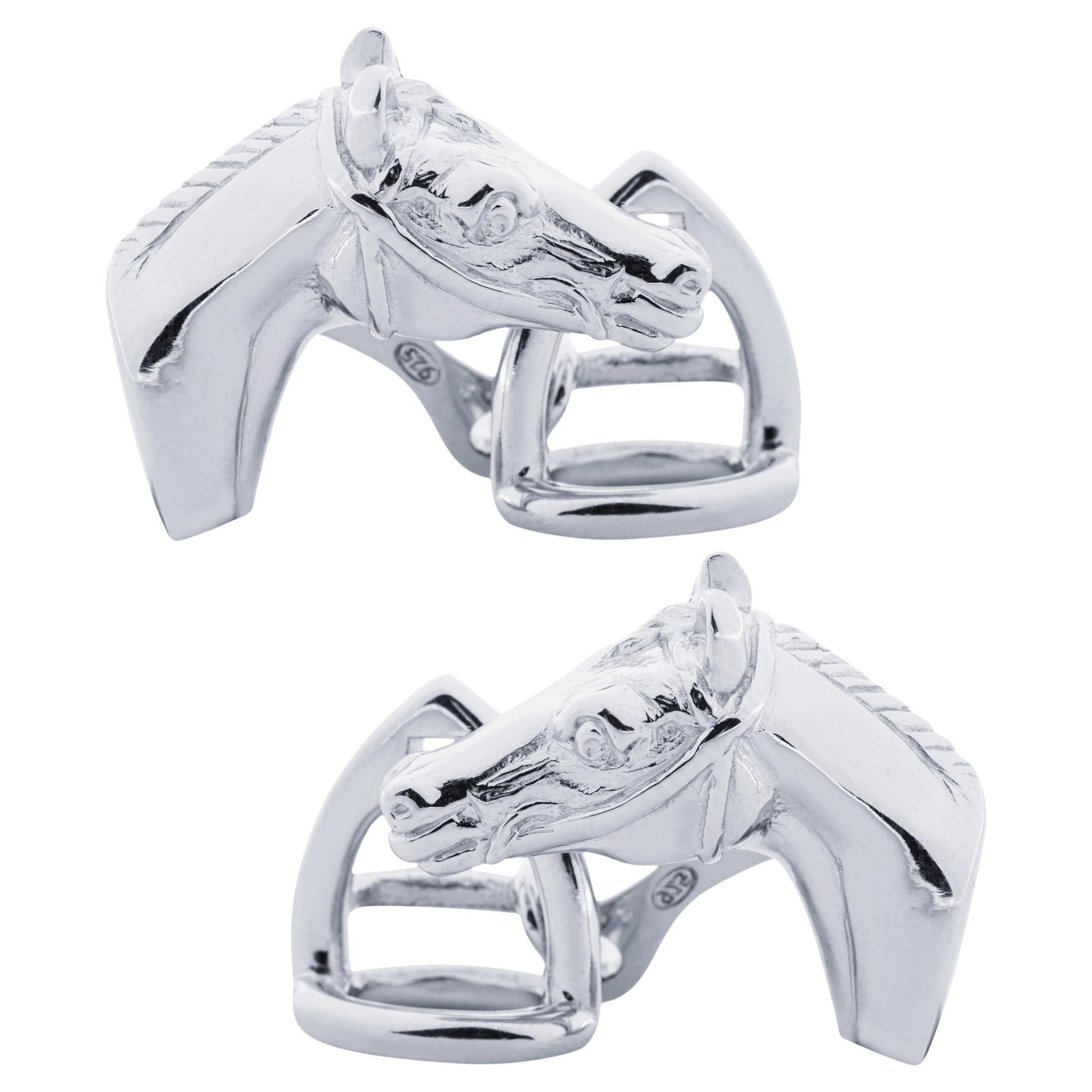 Gemelli da polso equestri con testa di cavallo e staffa di Alex Jona in argento sterling